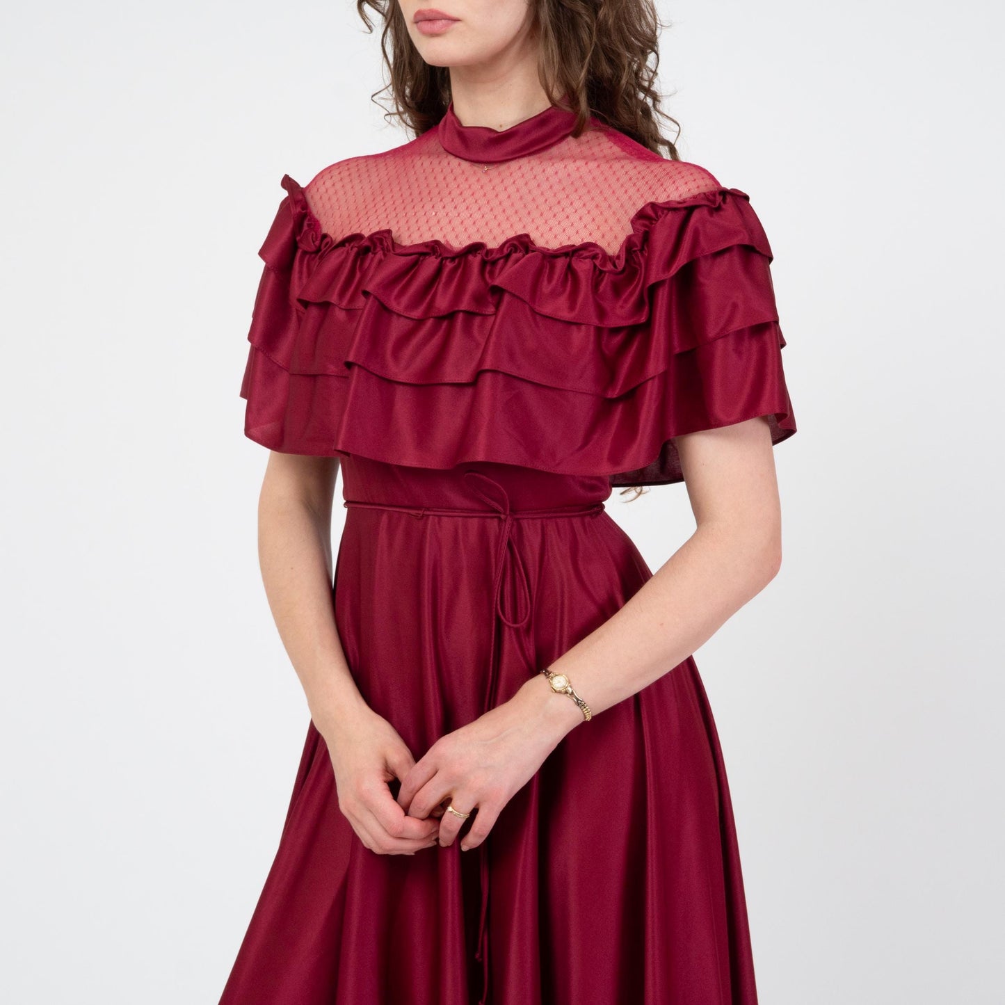 Vintage 70s Does Victorian Wine Red Gown - Small | Sheer Lace Ruffled Bib Formal Maxi Prom Dress
