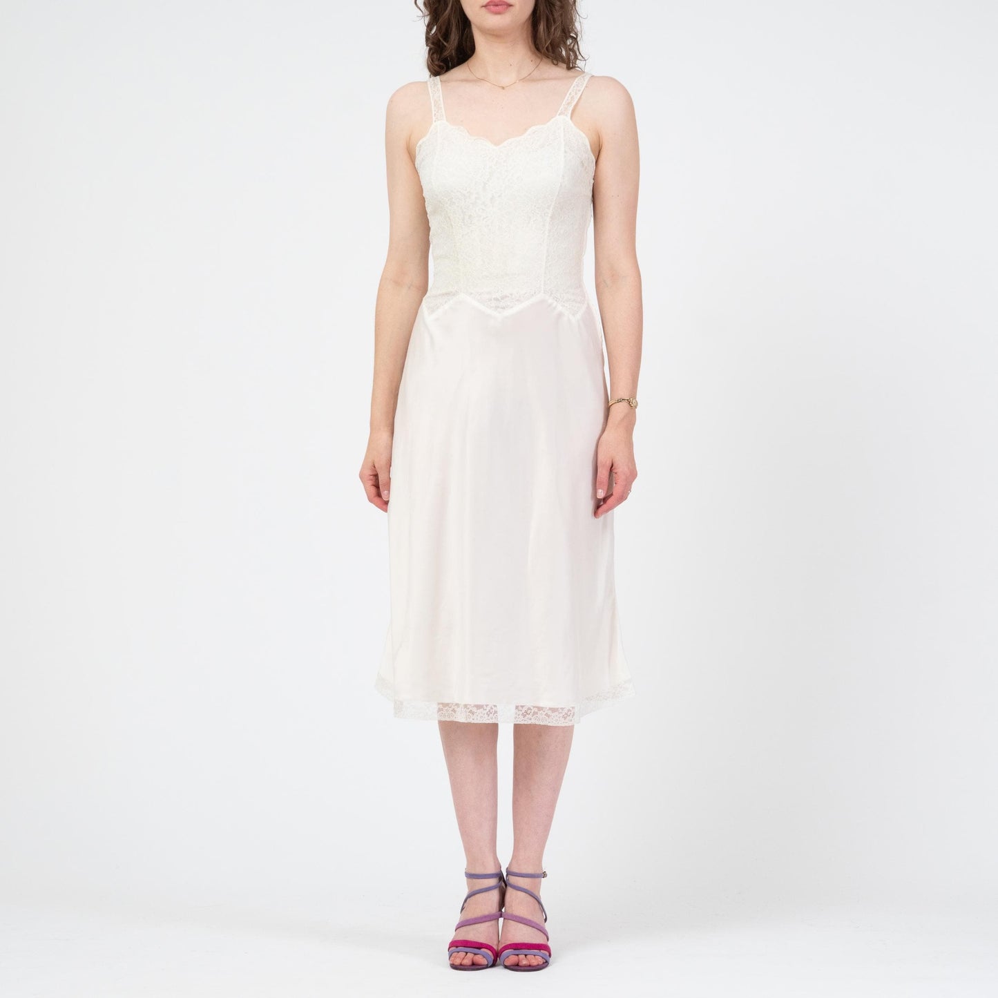 Vintage 50s Barbizon White Lace Bodice Slip - Small | Retro Lingerie Midi Dress