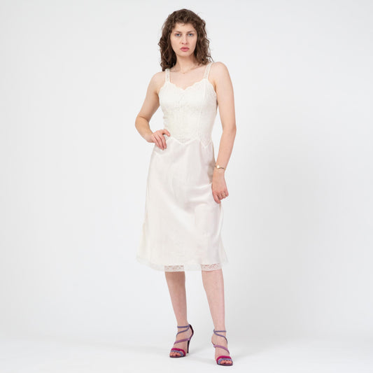 Vintage 50s Barbizon White Lace Bodice Slip - Small | Retro Lingerie Midi Dress
