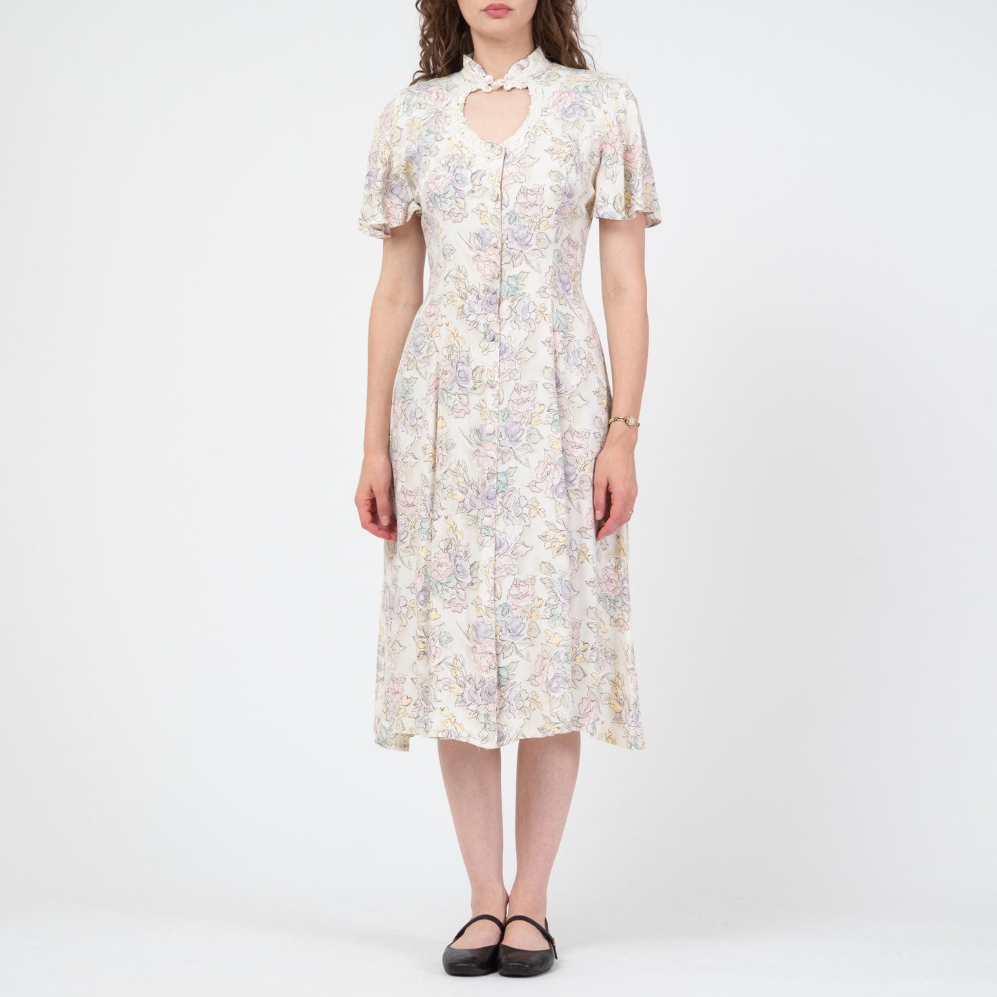 Vintage 90s Pastel Floral Keyhole Midi Dress - Medium | Flutter Sleeve Boho Button Front Dress