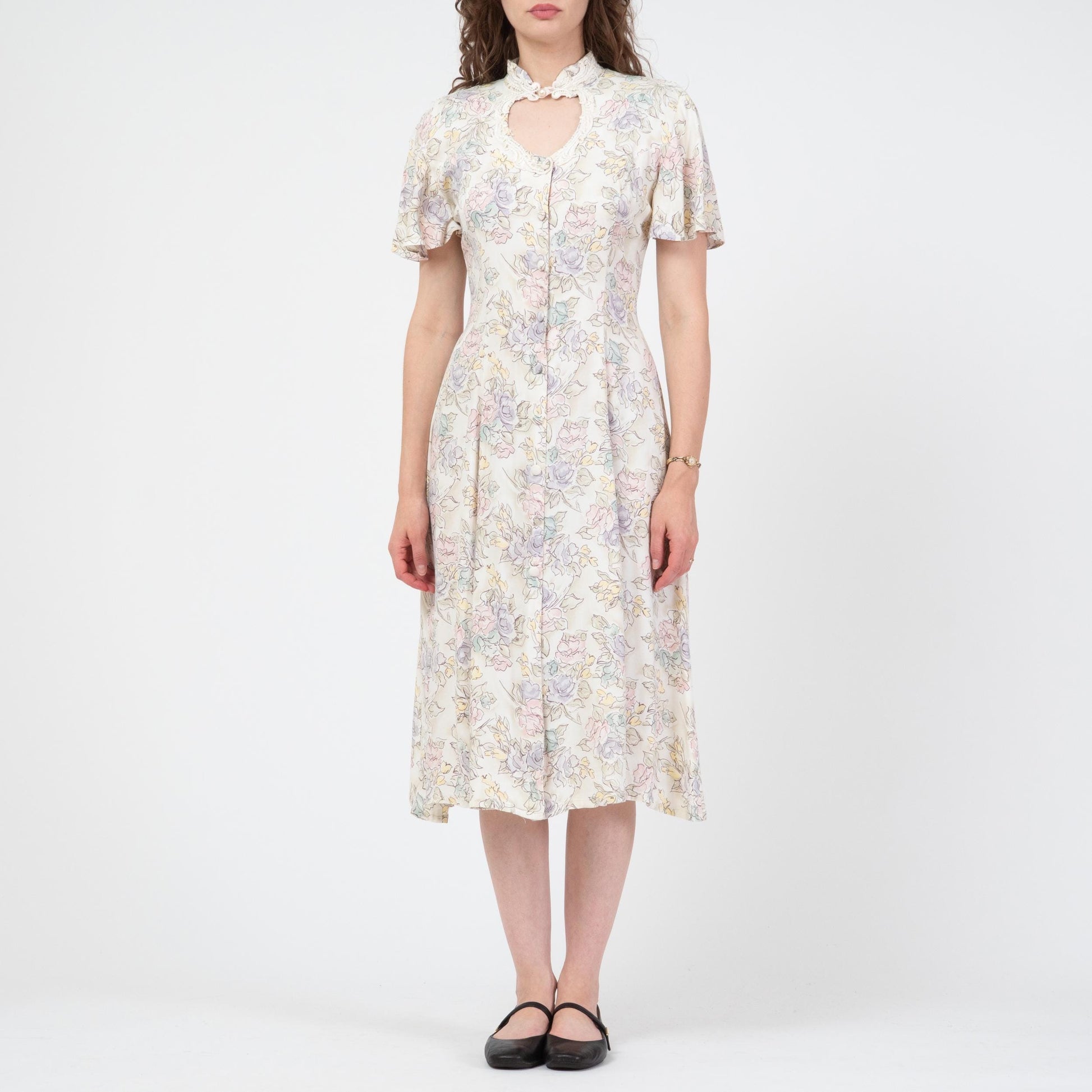 Vintage 90s Pastel Floral Keyhole Midi Dress - Medium | Flutter Sleeve Boho Button Front Dress