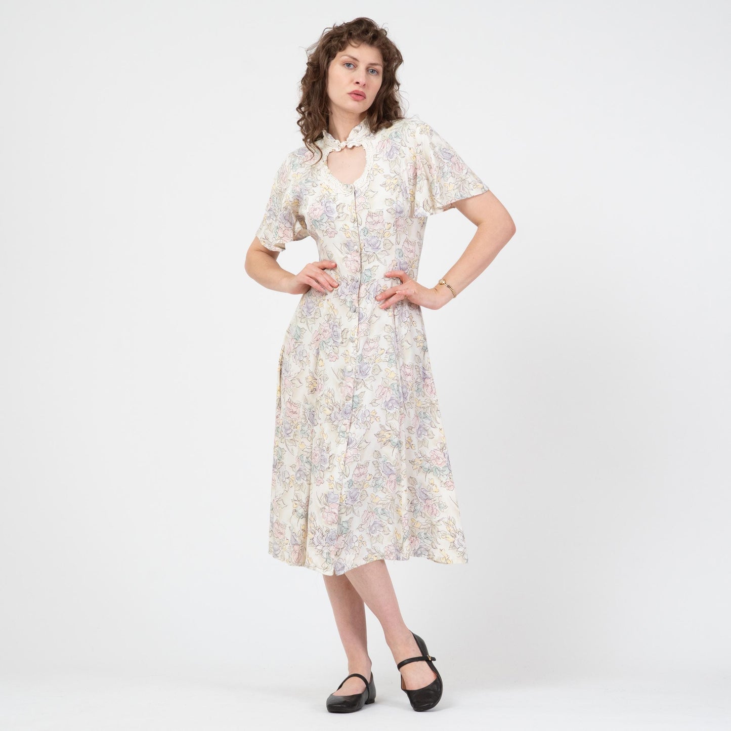 Vintage 90s Pastel Floral Keyhole Midi Dress - Medium | Flutter Sleeve Boho Button Front Dress
