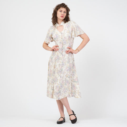 Vintage 90s Pastel Floral Keyhole Midi Dress - Medium | Flutter Sleeve Boho Button Front Dress