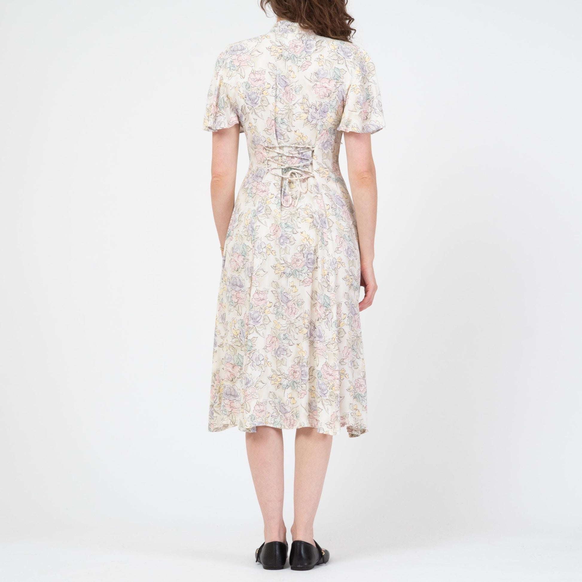 Vintage 90s Pastel Floral Keyhole Midi Dress - Medium | Flutter Sleeve Boho Button Front Dress