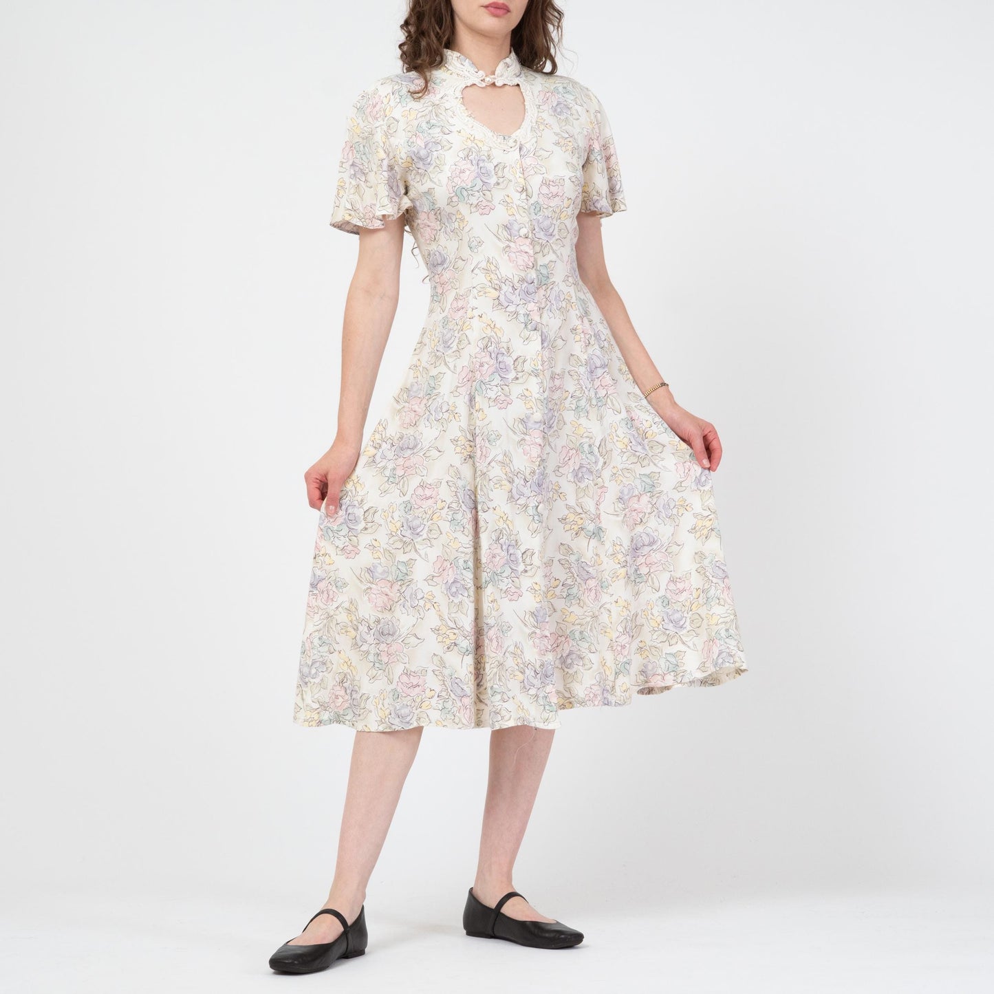 Vintage 90s Pastel Floral Keyhole Midi Dress - Medium | Flutter Sleeve Boho Button Front Dress
