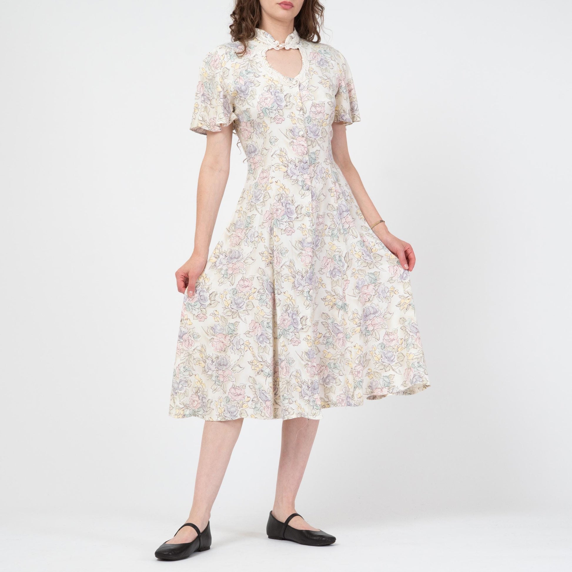 Vintage 90s Pastel Floral Keyhole Midi Dress - Medium | Flutter Sleeve Boho Button Front Dress