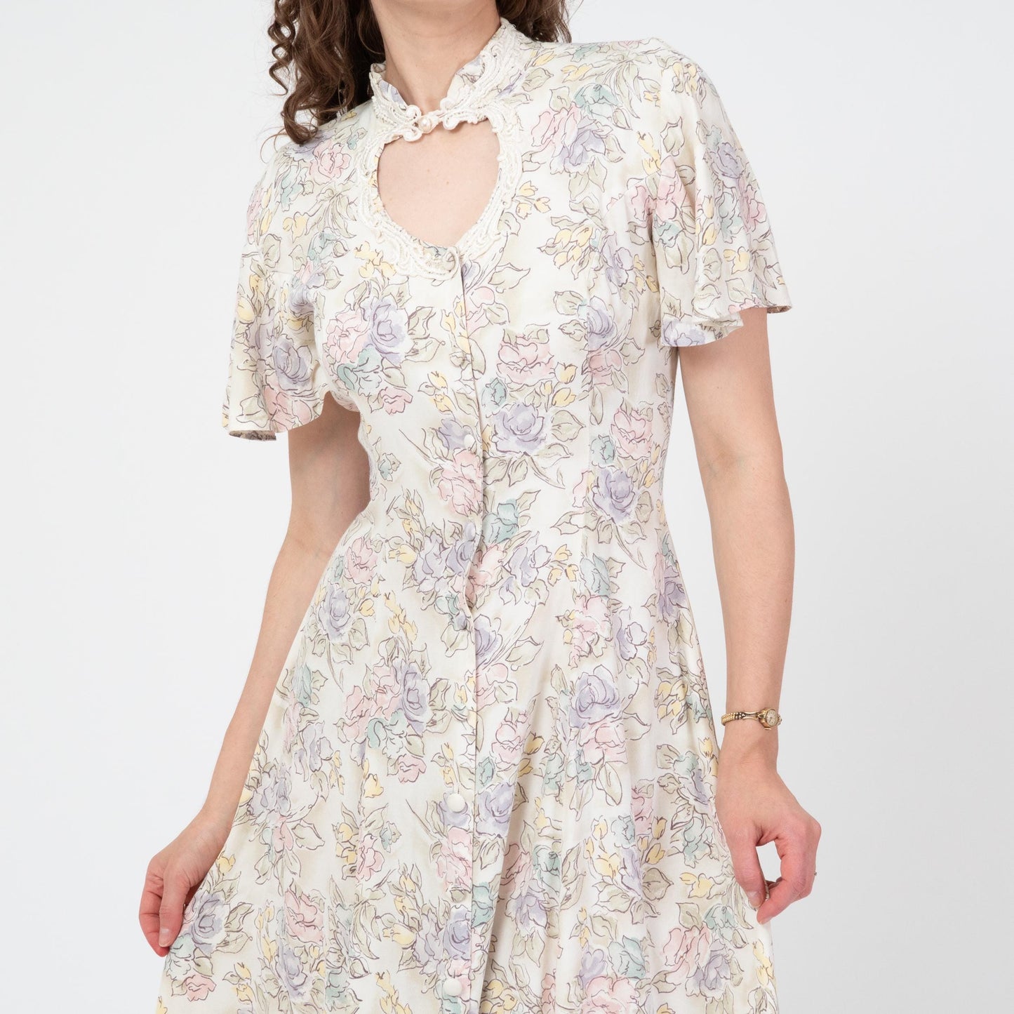 Vintage 90s Pastel Floral Keyhole Midi Dress - Medium | Flutter Sleeve Boho Button Front Dress