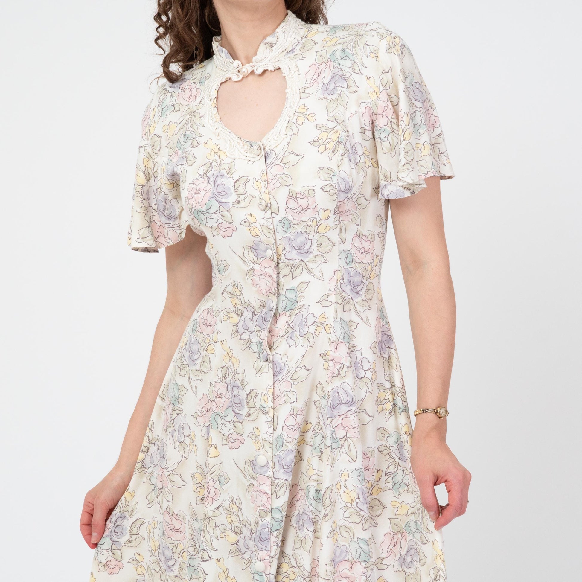 Vintage 90s Pastel Floral Keyhole Midi Dress - Medium | Flutter Sleeve Boho Button Front Dress