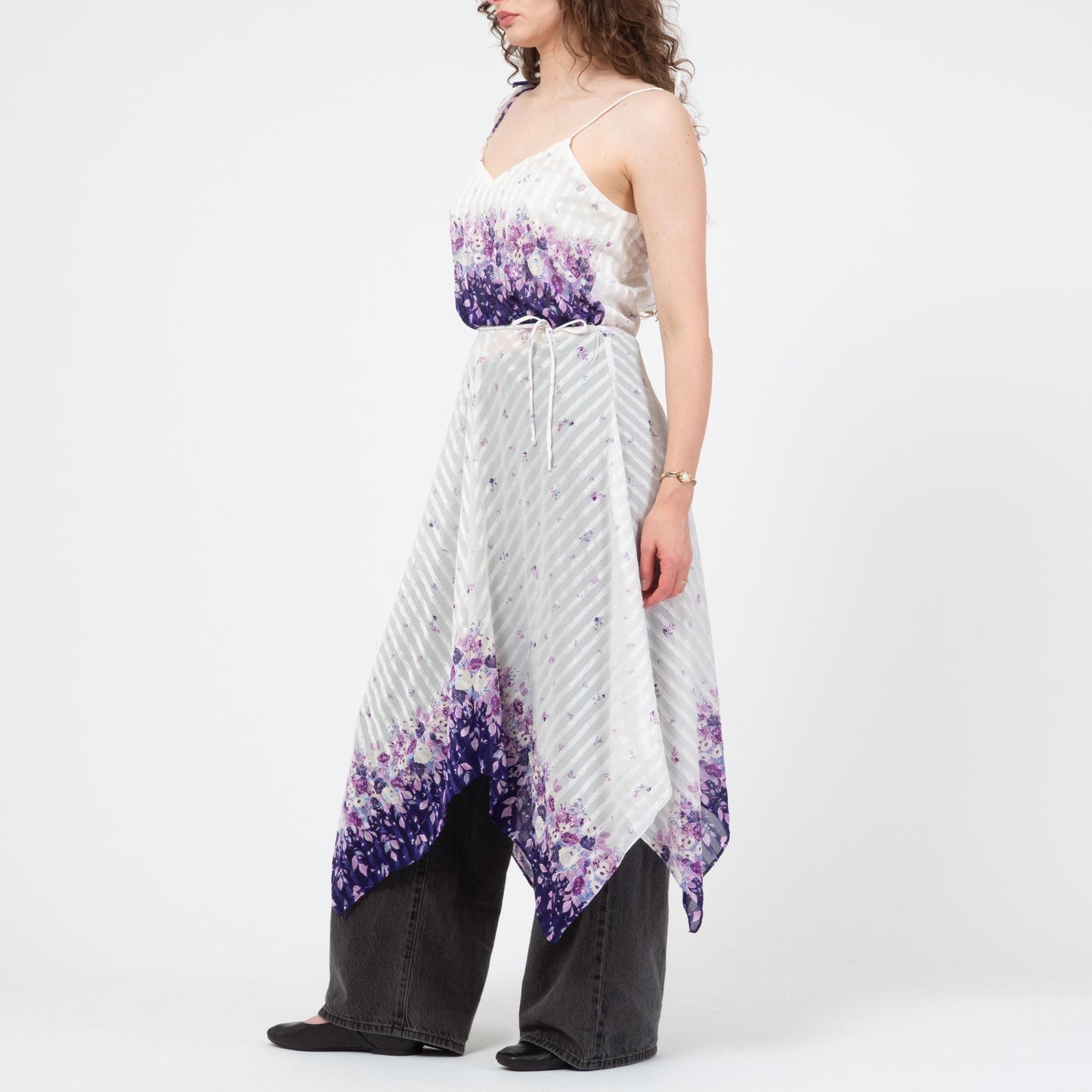 Vintage 70s Sheer White & Purple Floral Scarf Hem Dress - Medium | Boho Frederick’s of Hollywood Handkerchief Midi Disco Dress