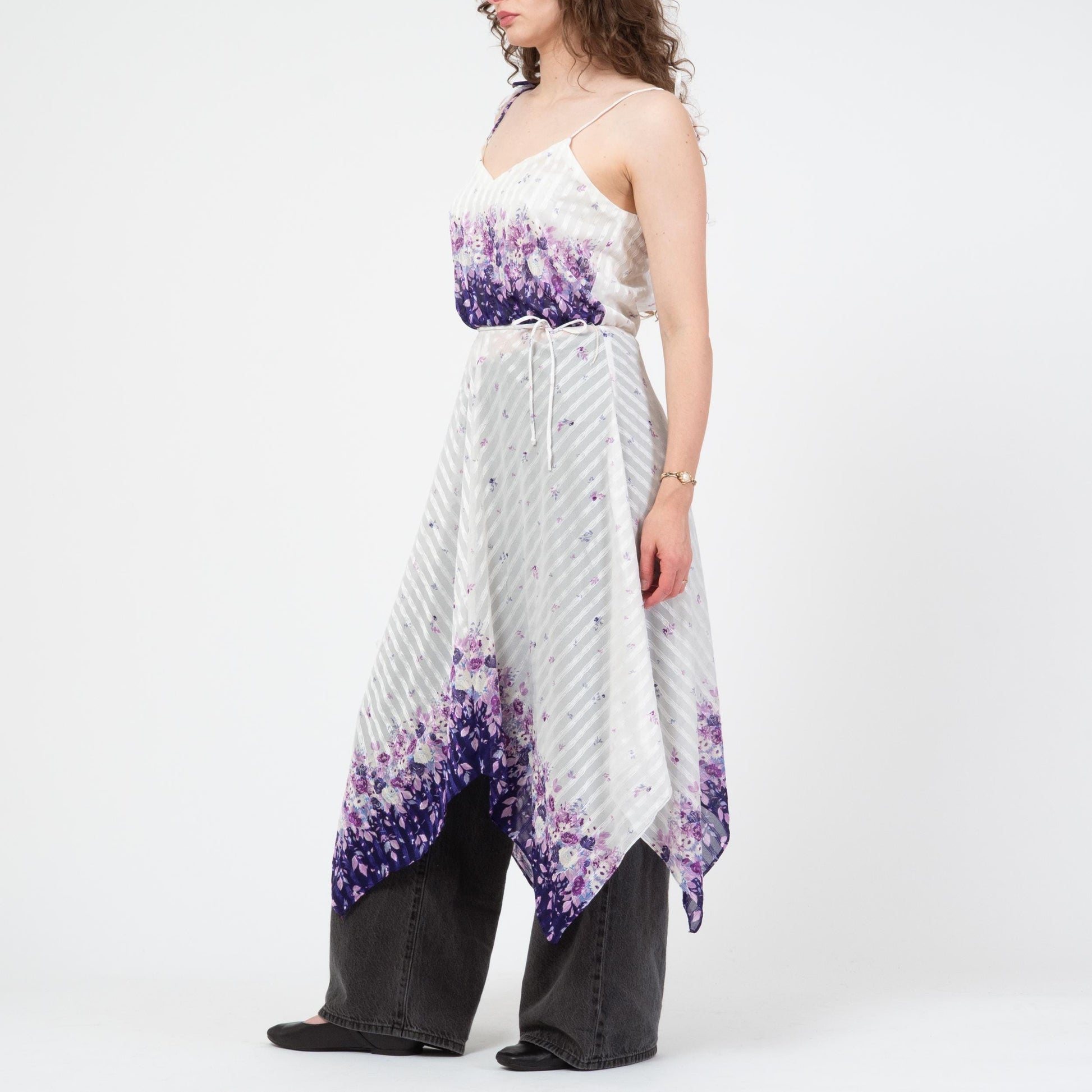 Vintage 70s Sheer White & Purple Floral Scarf Hem Dress - Medium | Boho Frederick’s of Hollywood Handkerchief Midi Disco Dress