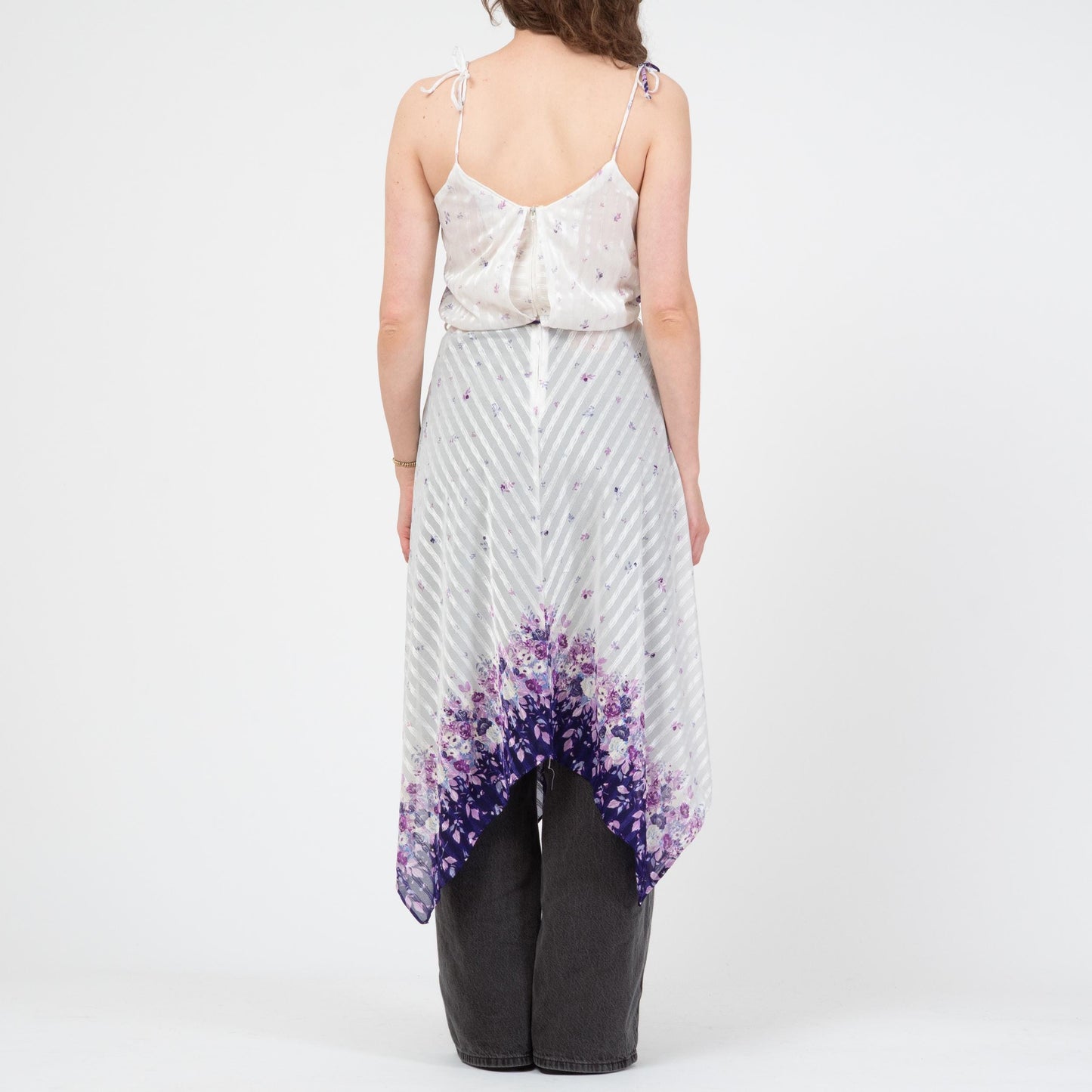 Vintage 70s Sheer White & Purple Floral Scarf Hem Dress - Medium | Boho Frederick’s of Hollywood Handkerchief Midi Disco Dress