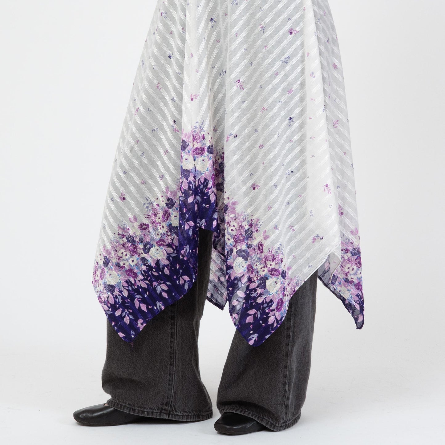 Vintage 70s Sheer White & Purple Floral Scarf Hem Dress - Medium | Boho Frederick’s of Hollywood Handkerchief Midi Disco Dress
