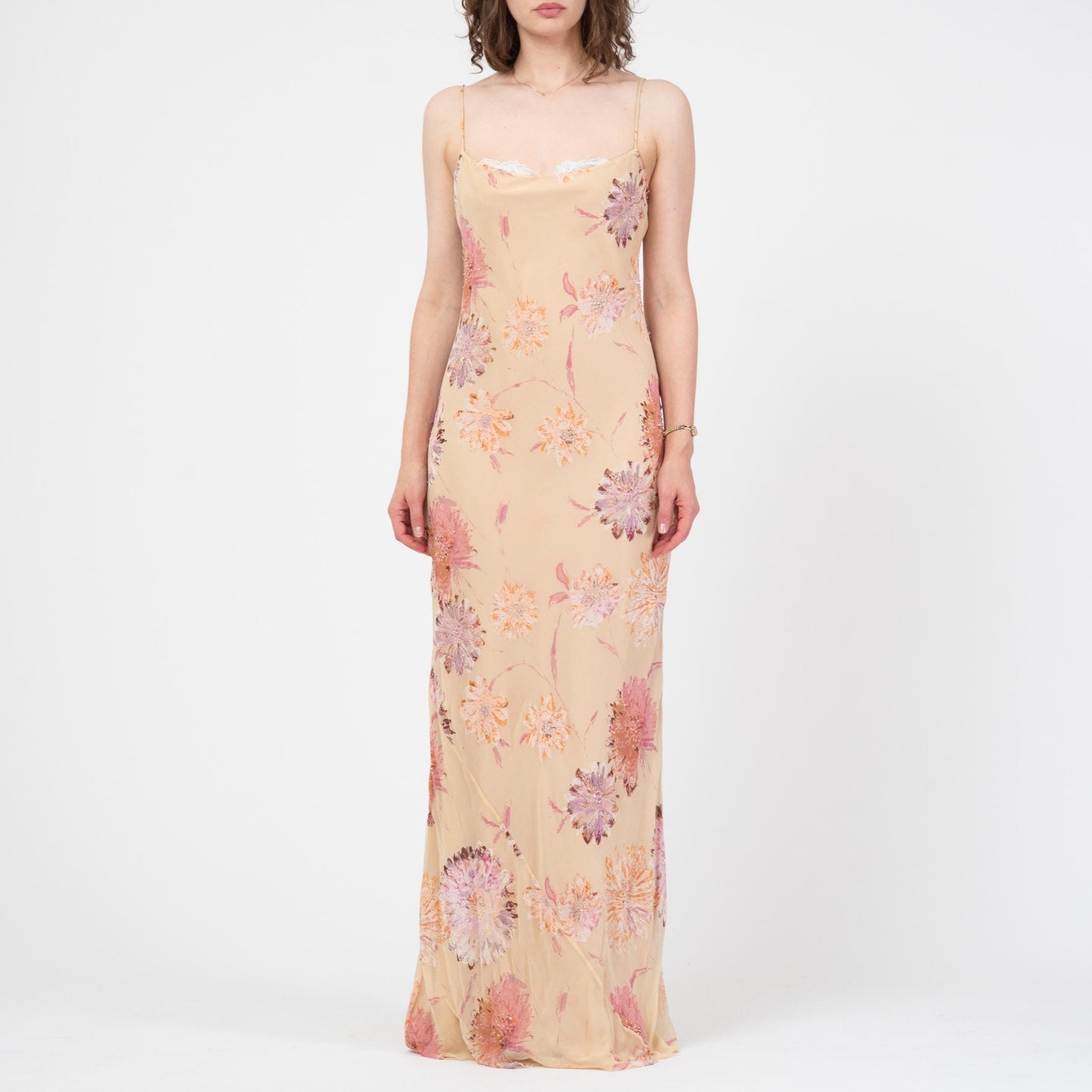 Vintage Y2K Laundry by Shelli Segal Beaded Floral Silk Gown - Medium Tall | Formal Maxi Prom Party Dress