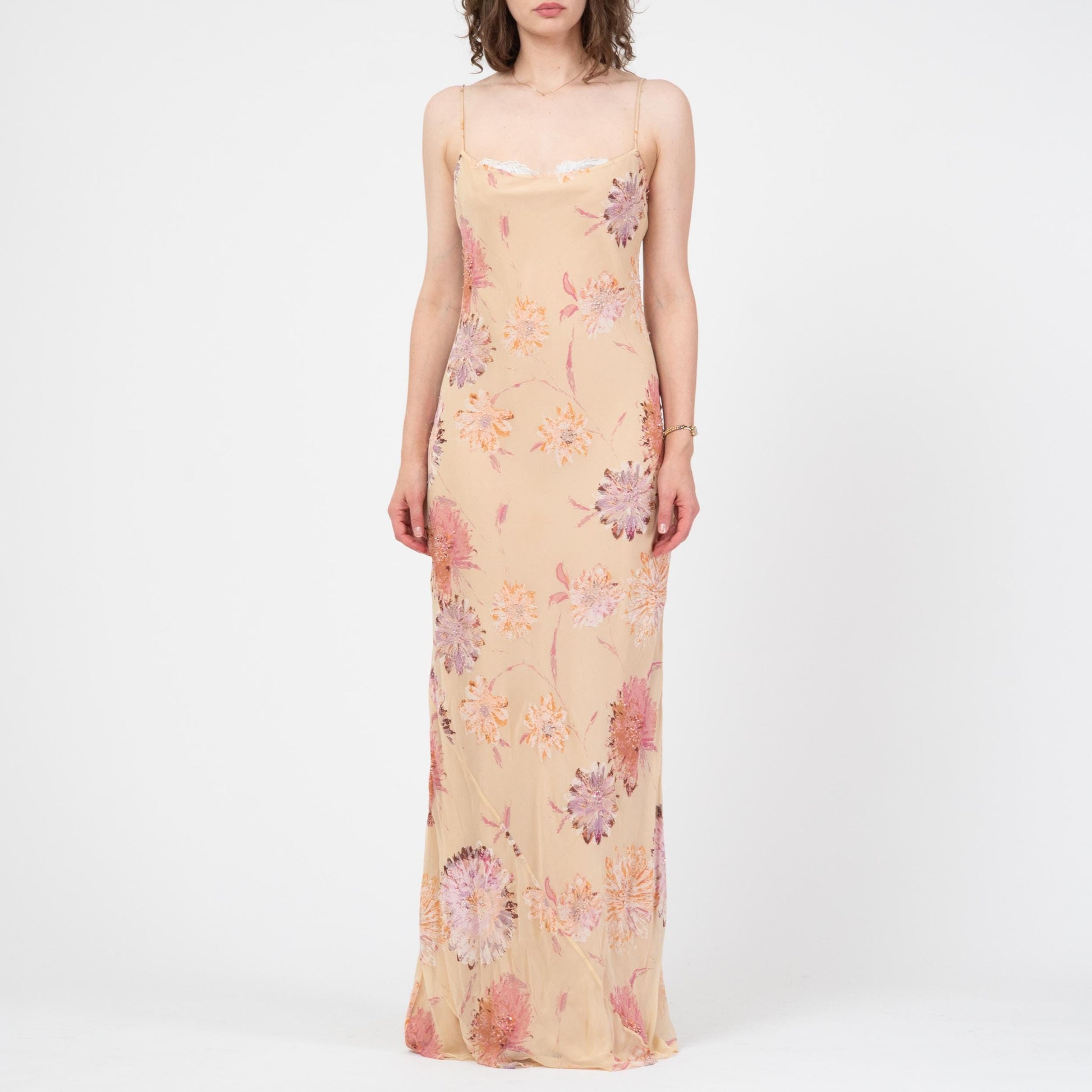 Vintage Y2K Laundry by Shelli Segal Beaded Floral Silk Gown - Medium Tall | Formal Maxi Prom Party Dress