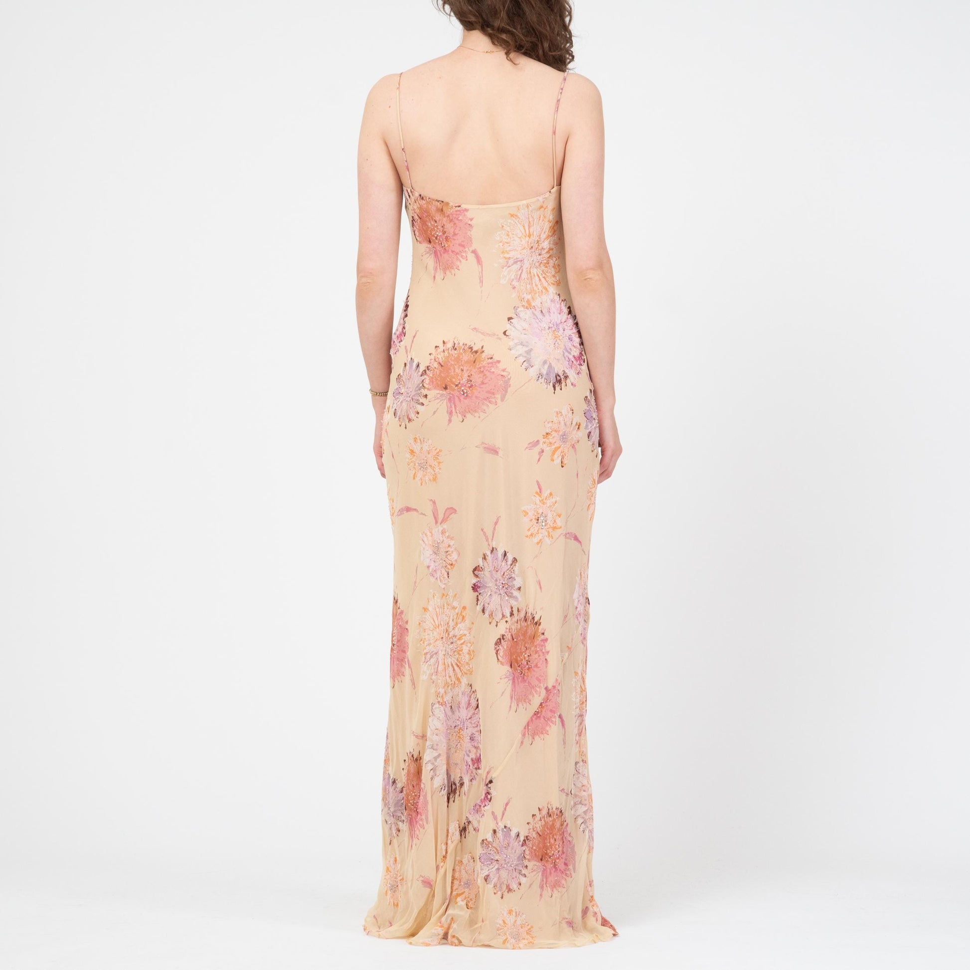 Vintage Y2K Laundry by Shelli Segal Beaded Floral Silk Gown - Medium Tall | Formal Maxi Prom Party Dress