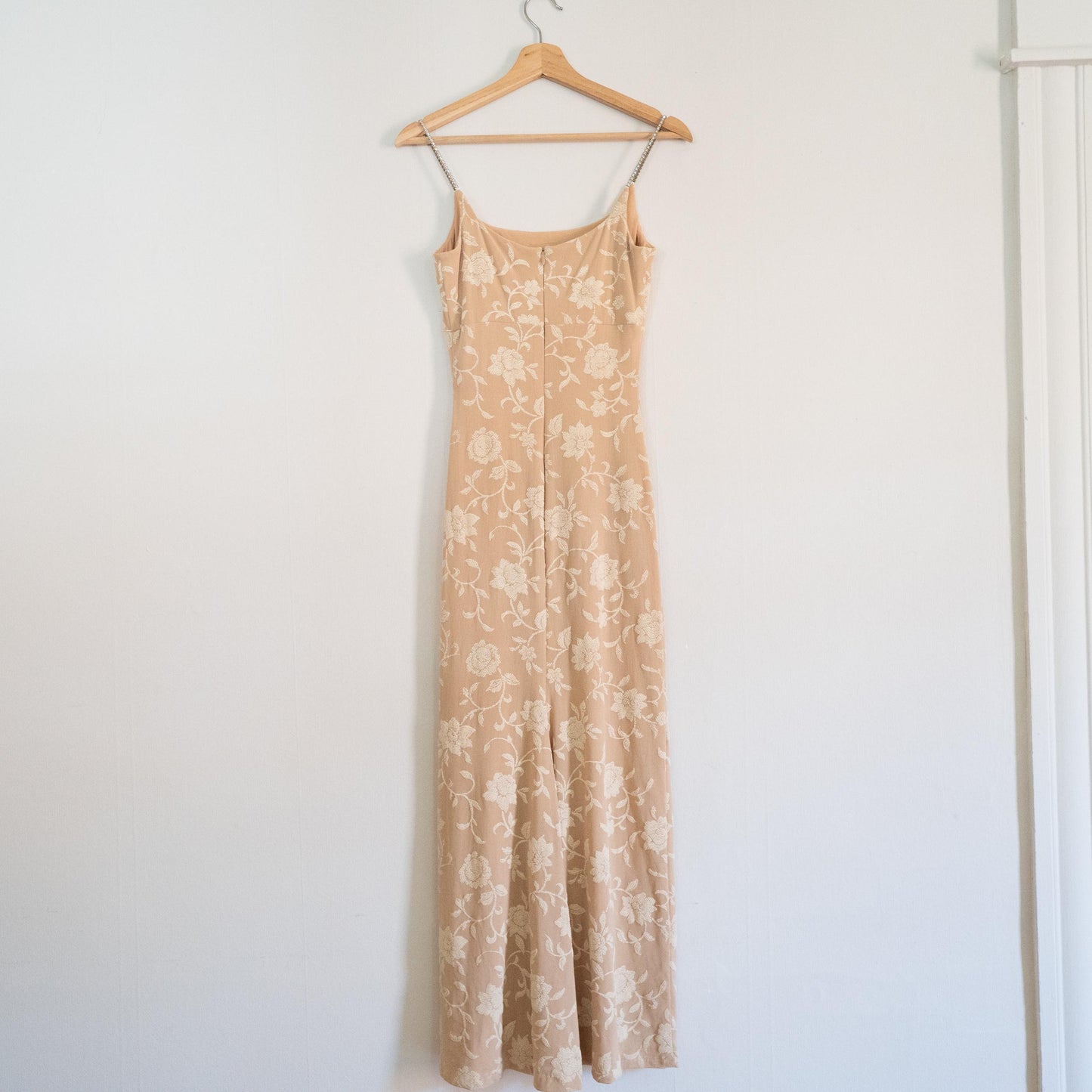 Vintage 90s Two-Tone Floral Jeweled Strap Bodycon Gown - Extra Small | Beige Maxi Formal Party Dress