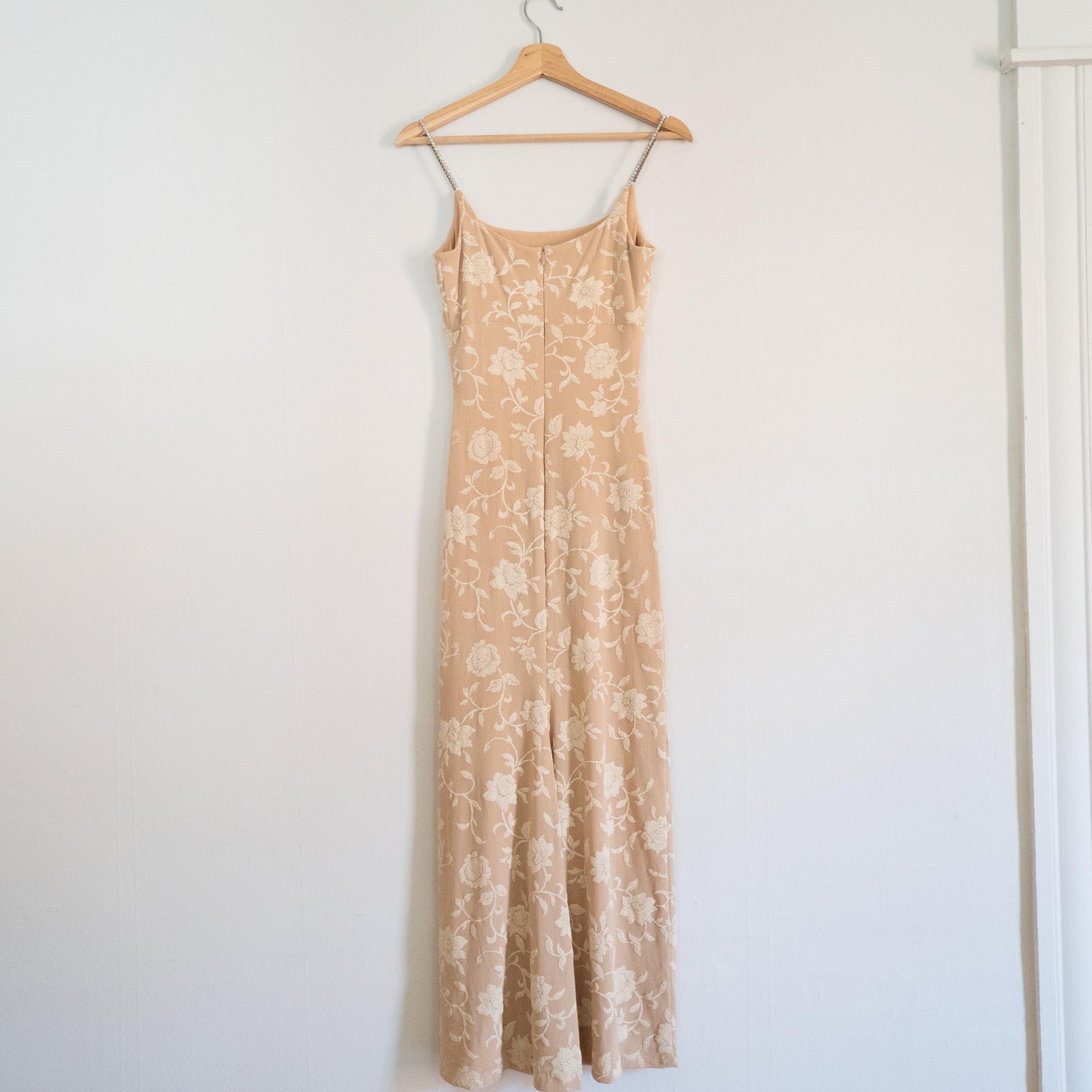 Vintage 90s Two-Tone Floral Jeweled Strap Bodycon Gown - Extra Small | Beige Maxi Formal Party Dress