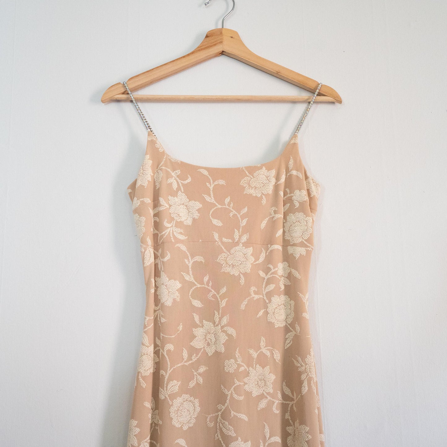 Vintage 90s Two-Tone Floral Jeweled Strap Bodycon Gown - Extra Small | Beige Maxi Formal Party Dress