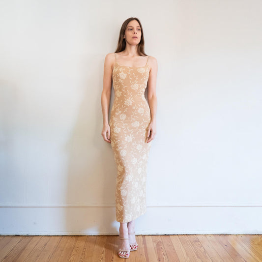 Vintage 90s Two-Tone Floral Jeweled Strap Bodycon Gown - Extra Small | Beige Maxi Formal Party Dress