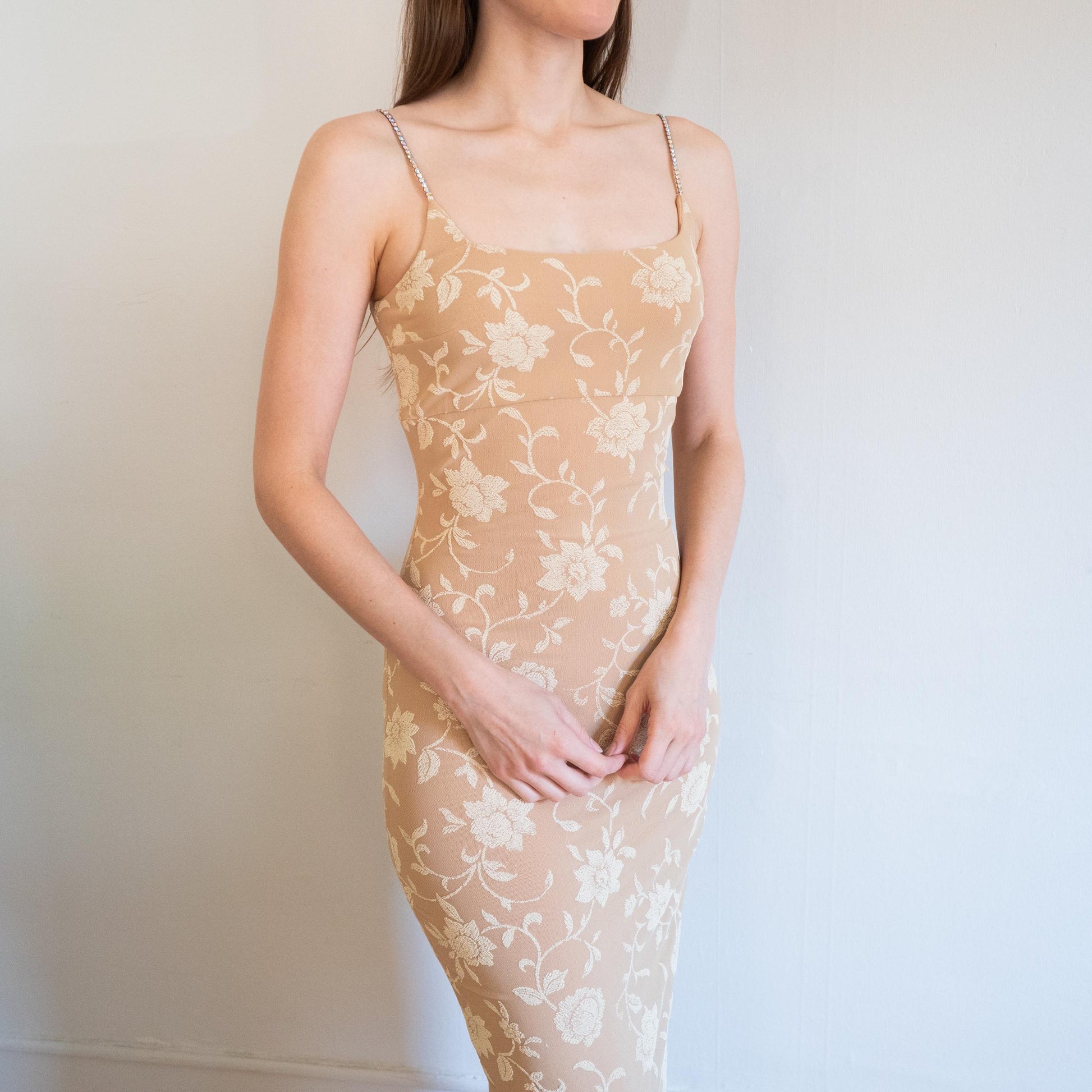 Vintage 90s Two-Tone Floral Jeweled Strap Bodycon Gown - Extra Small | Beige Maxi Formal Party Dress