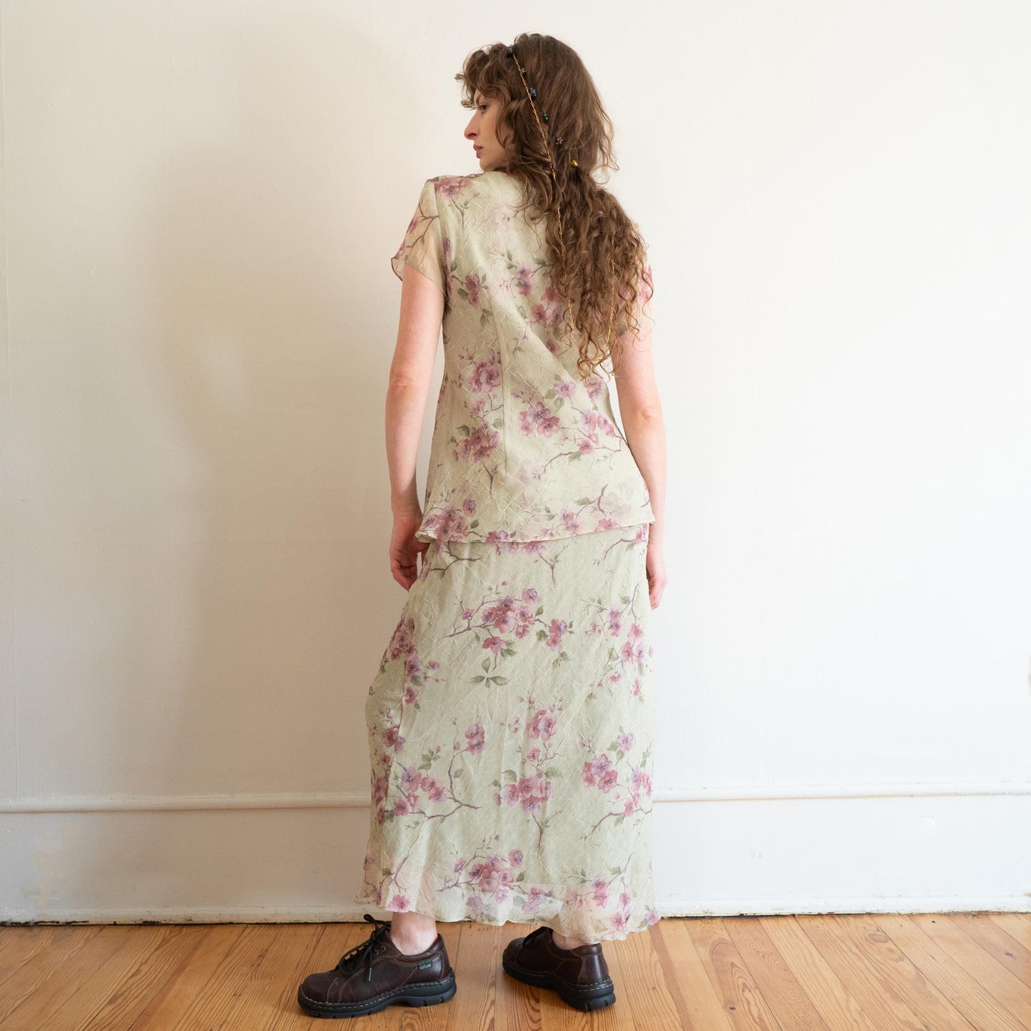 Vintage 90s Sage Green Floral Chiffon Layered Maxi Dress - Medium | Boho Summer Wedding Guest Dress