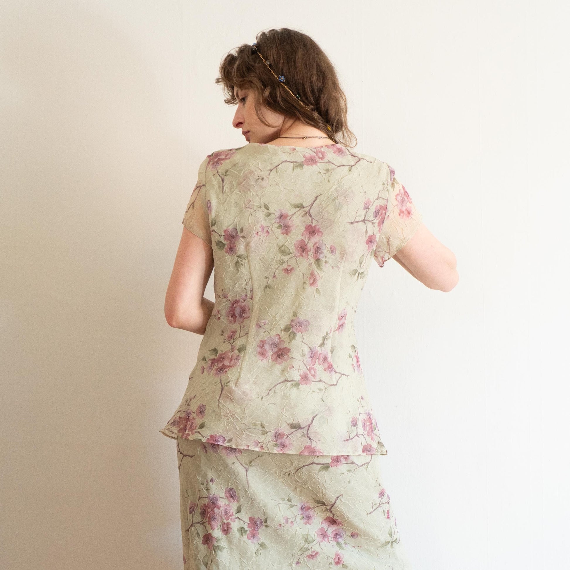 Vintage 90s Sage Green Floral Chiffon Layered Maxi Dress - Medium | Boho Summer Wedding Guest Dress