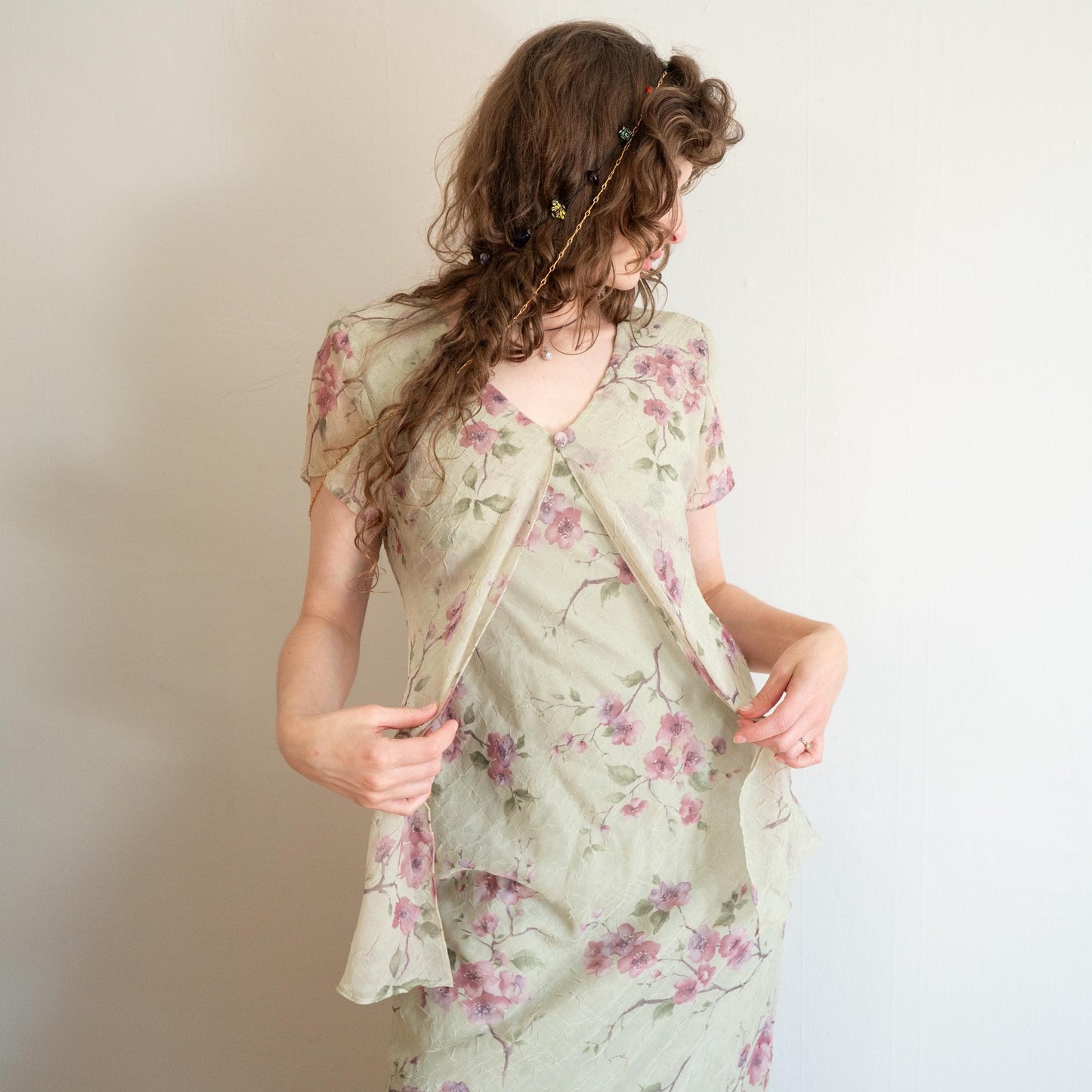 Vintage 90s Sage Green Floral Chiffon Layered Maxi Dress - Medium | Boho Summer Wedding Guest Dress