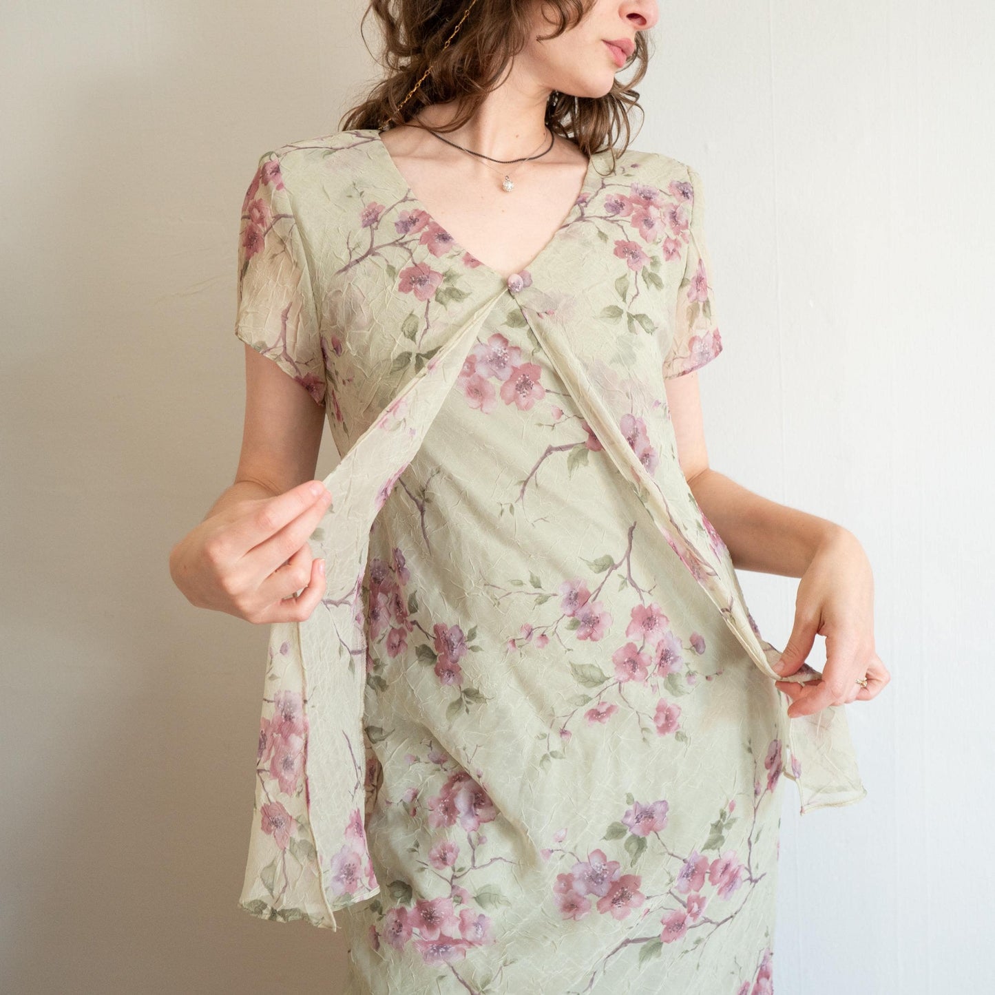 Vintage 90s Sage Green Floral Chiffon Layered Maxi Dress - Medium | Boho Summer Wedding Guest Dress