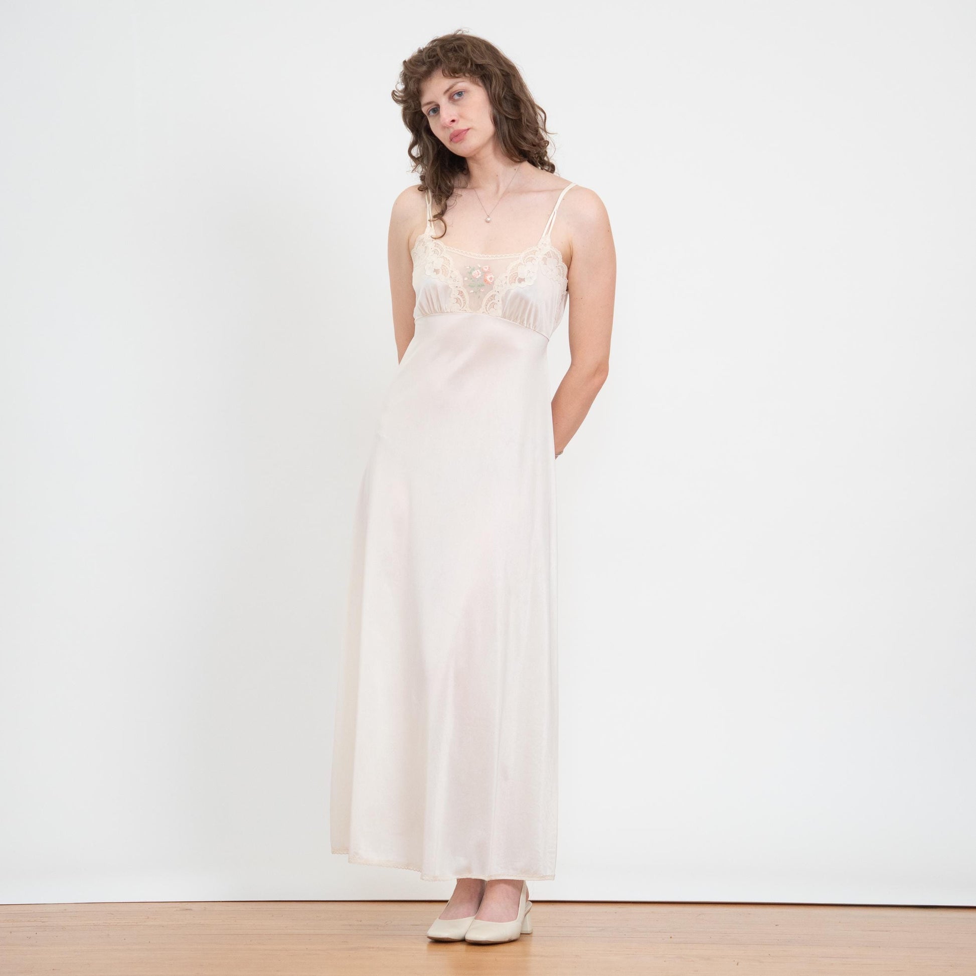 Vintage 70s Ivory Floral Embroidered Maxi Slip Dress - Medium | Bridal Lingerie Boho Nightgown