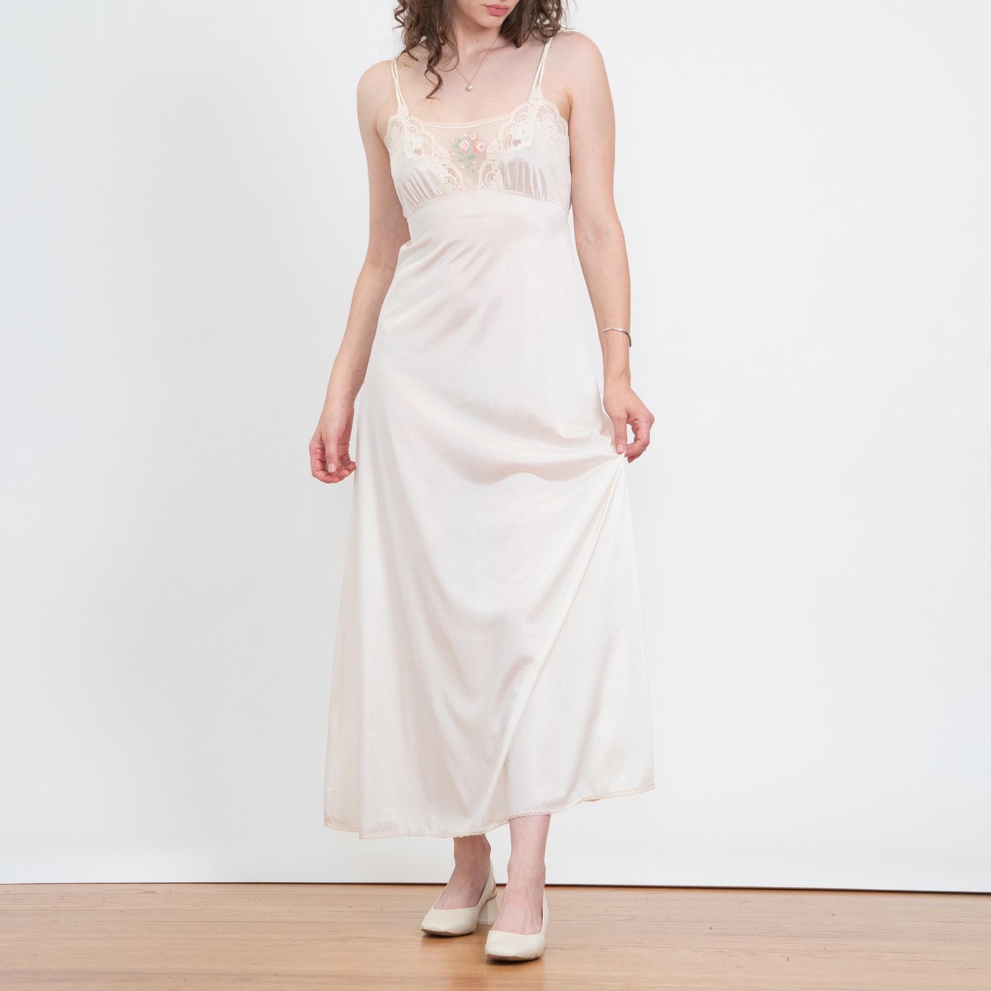 Vintage 70s Ivory Floral Embroidered Maxi Slip Dress - Medium | Bridal Lingerie Boho Nightgown