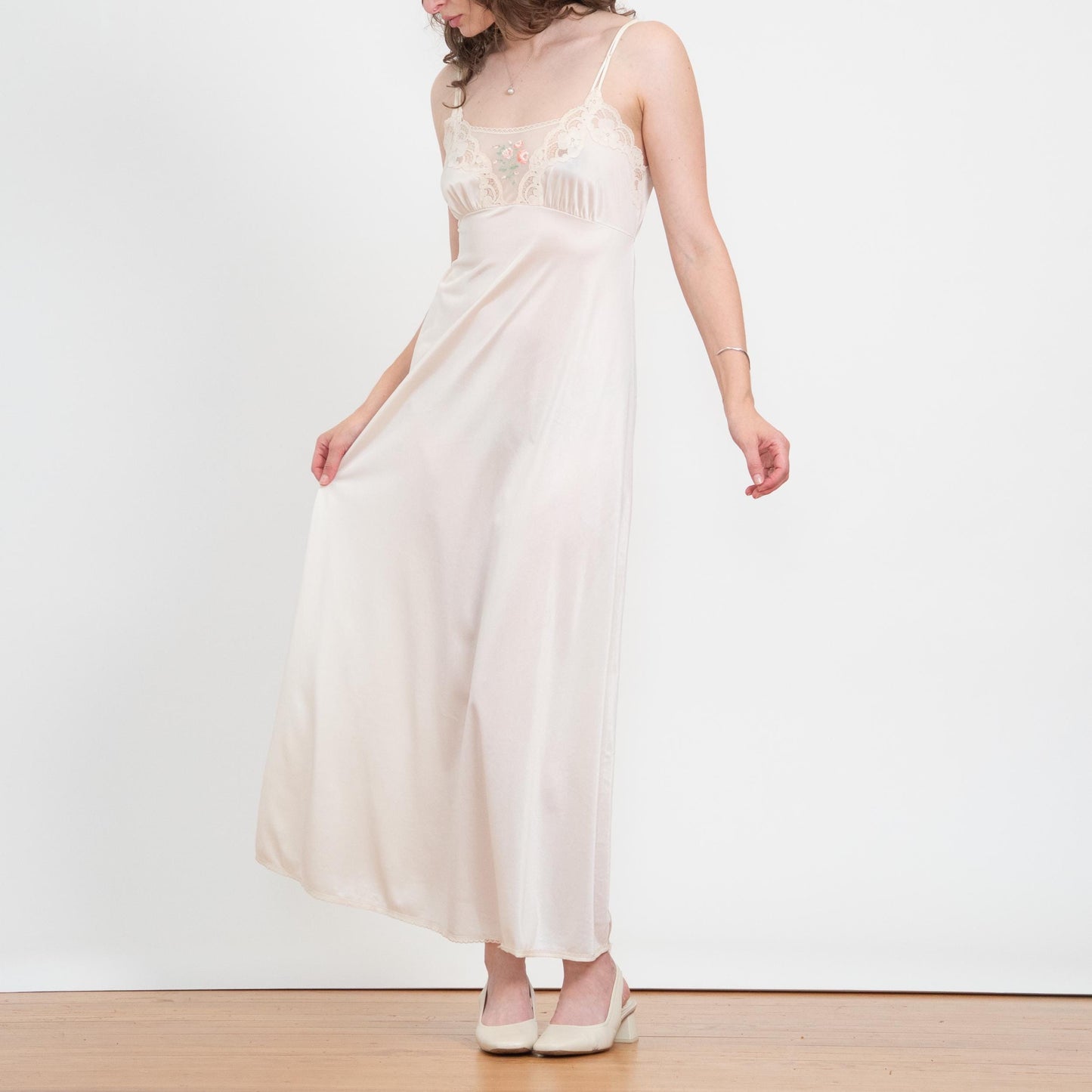 Vintage 70s Ivory Floral Embroidered Maxi Slip Dress - Medium | Bridal Lingerie Boho Nightgown