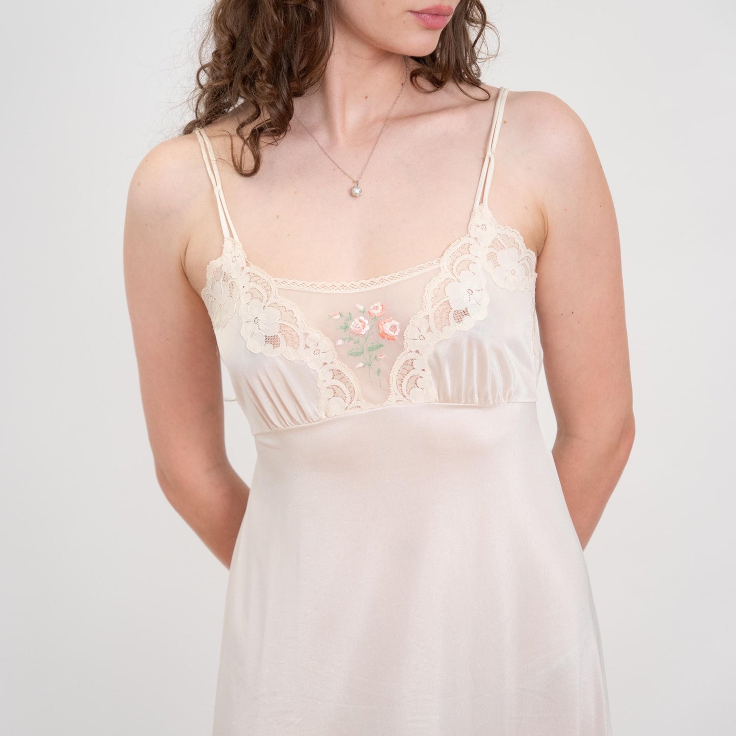 Vintage 70s Ivory Floral Embroidered Maxi Slip Dress - Medium | Bridal Lingerie Boho Nightgown