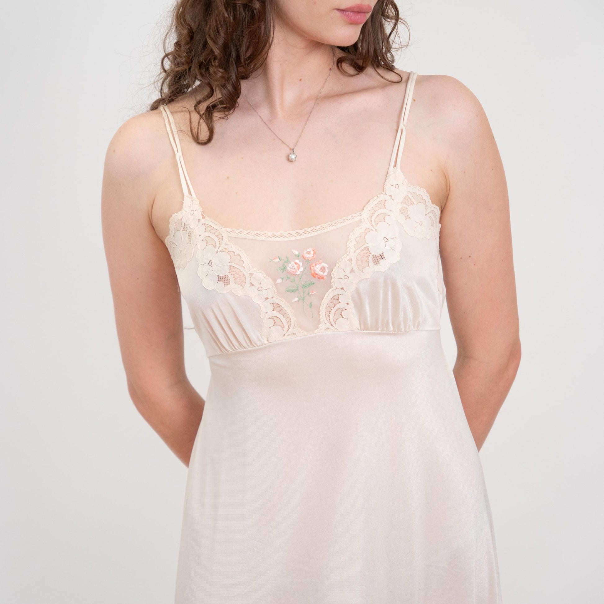 Vintage 70s Ivory Floral Embroidered Maxi Slip Dress - Medium | Bridal Lingerie Boho Nightgown