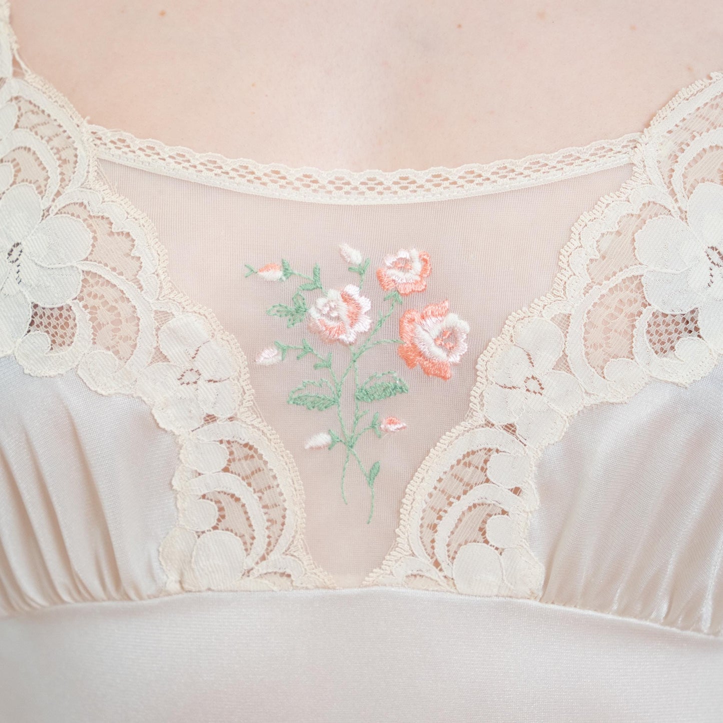 Vintage 70s Ivory Floral Embroidered Maxi Slip Dress - Medium | Bridal Lingerie Boho Nightgown