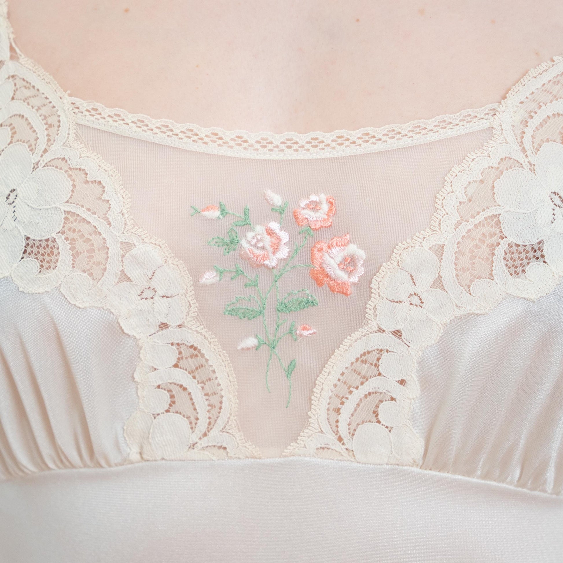 Vintage 70s Ivory Floral Embroidered Maxi Slip Dress - Medium | Bridal Lingerie Boho Nightgown