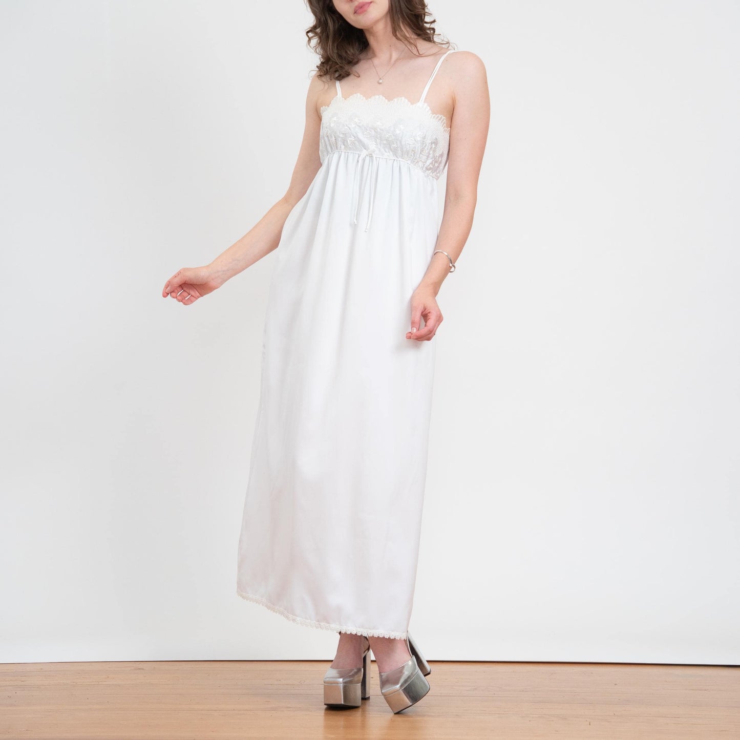 Vintage 70s 80s Miss Dior White Floral Embroidered Maxi Slip Dress - Small | Bridal Lingerie Boho Nightgown