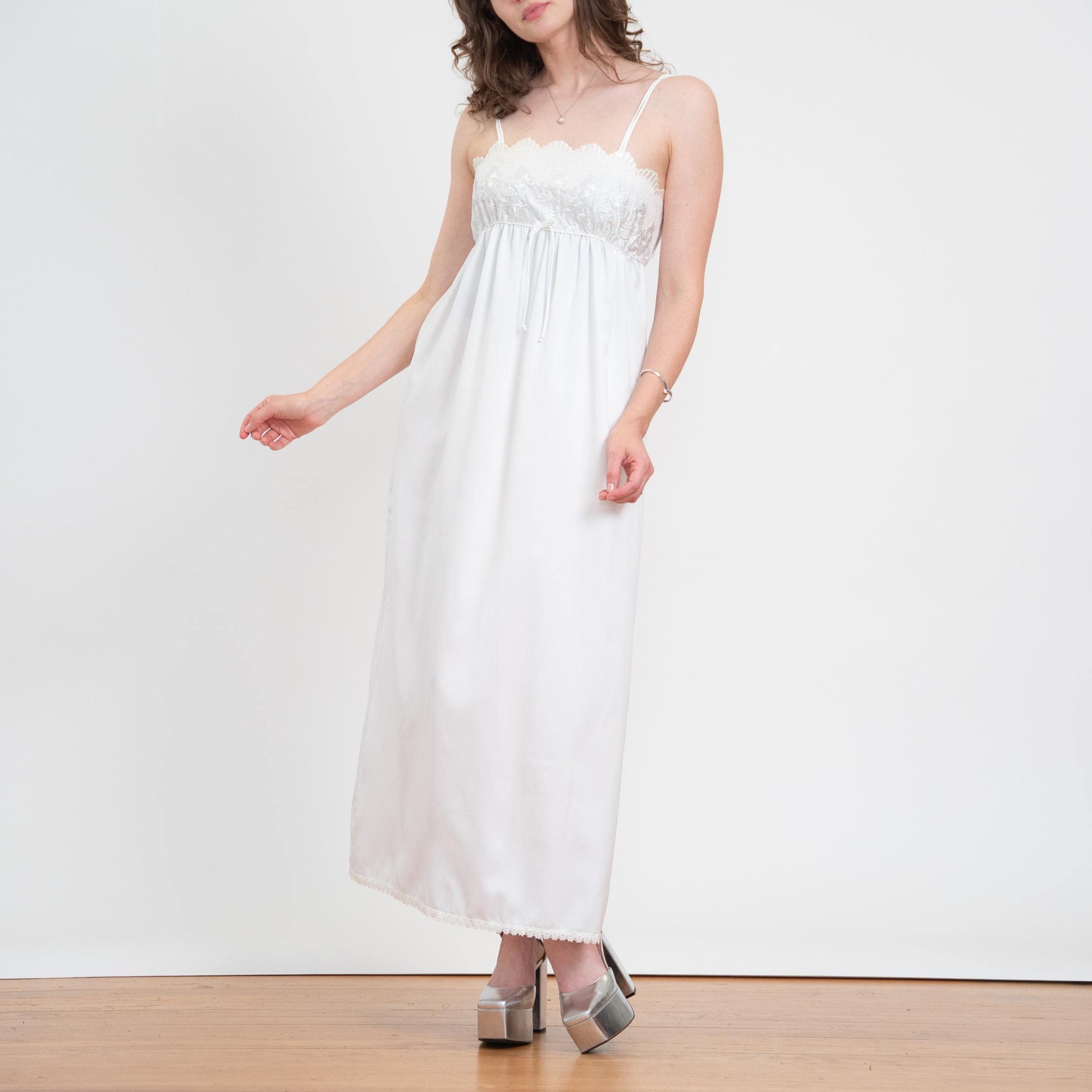 Vintage 70s 80s Miss Dior White Floral Embroidered Maxi Slip Dress - Small | Bridal Lingerie Boho Nightgown