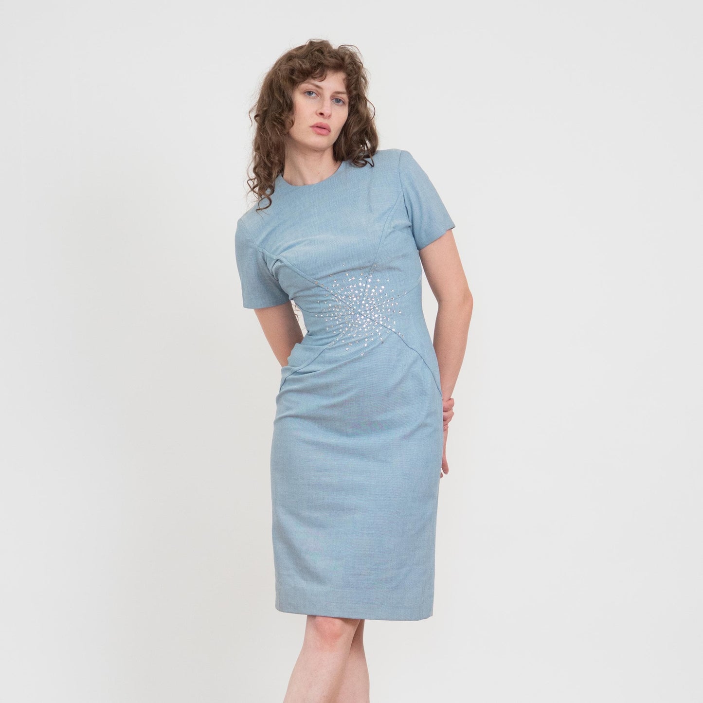 Vintage 60s Si Si Miami Blue Deco Jeweled Sheath Dress - Small | Retro Cocktail Party Wiggle Dress