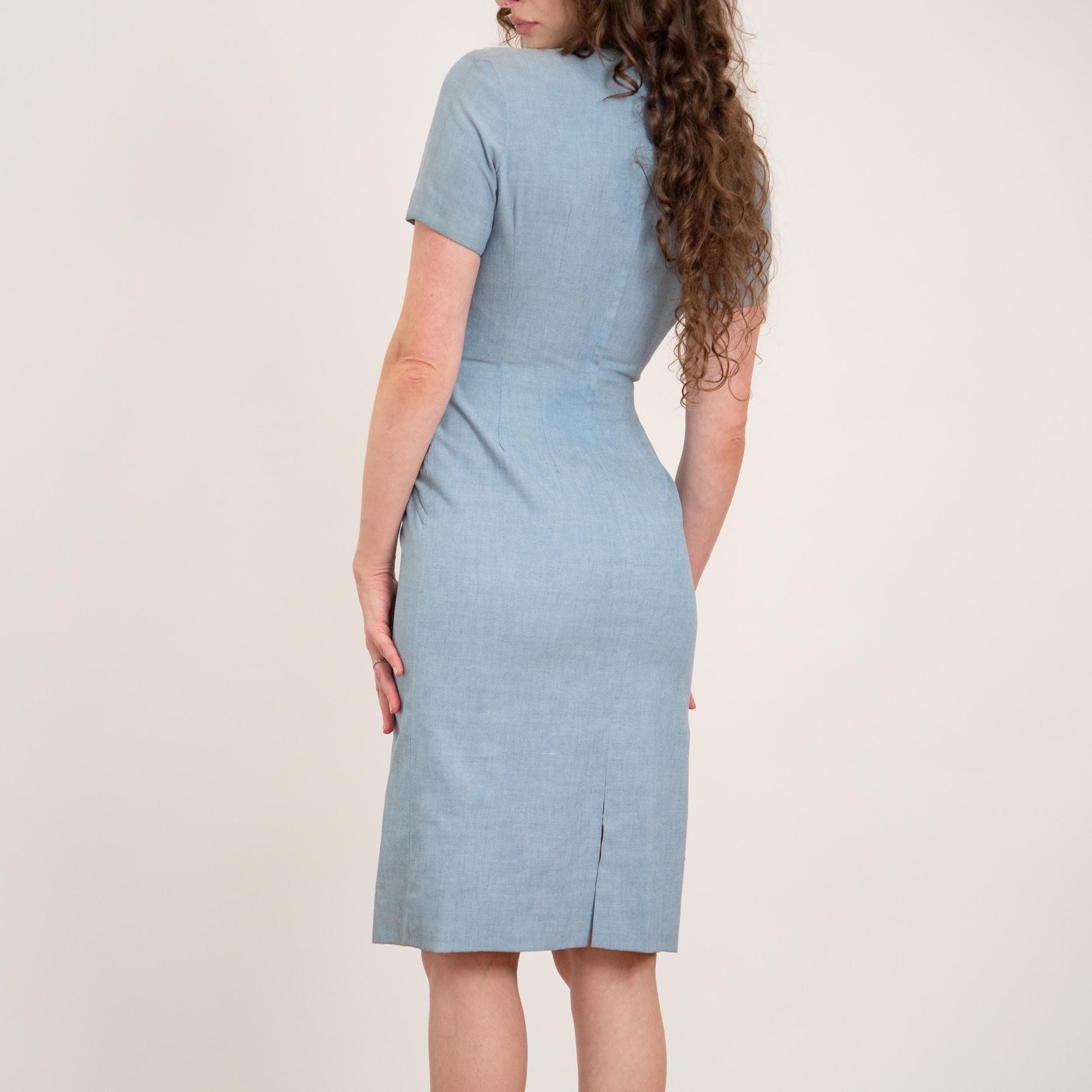 Vintage 60s Si Si Miami Blue Deco Jeweled Sheath Dress - Small | Retro Cocktail Party Wiggle Dress