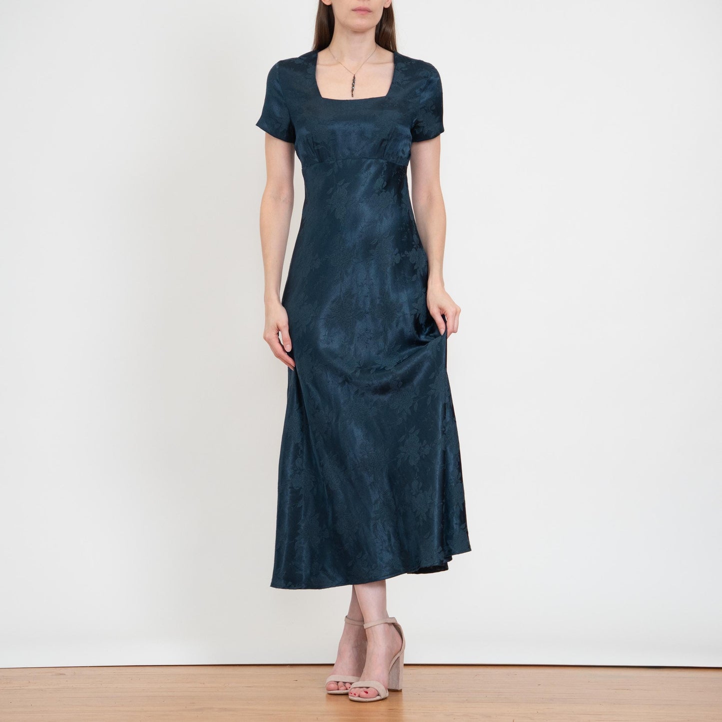 Vintage 90s Dark Emerald Green Floral Jacquard Maxi Dress - XS to Small | Square Neck Formal Party Dress