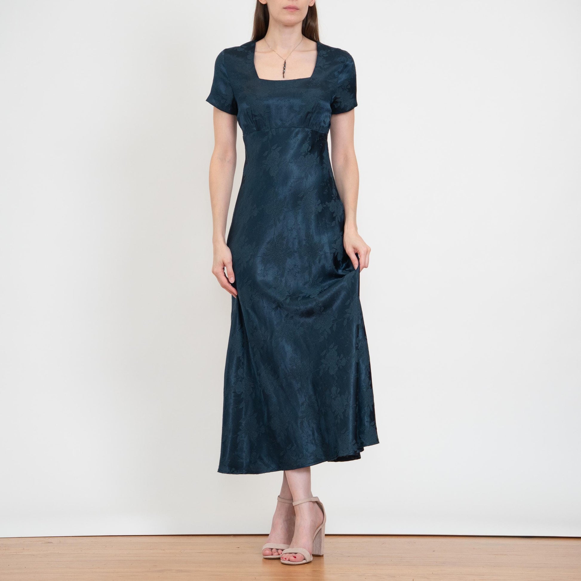 Vintage 90s Dark Emerald Green Floral Jacquard Maxi Dress - XS to Small | Square Neck Formal Party Dress