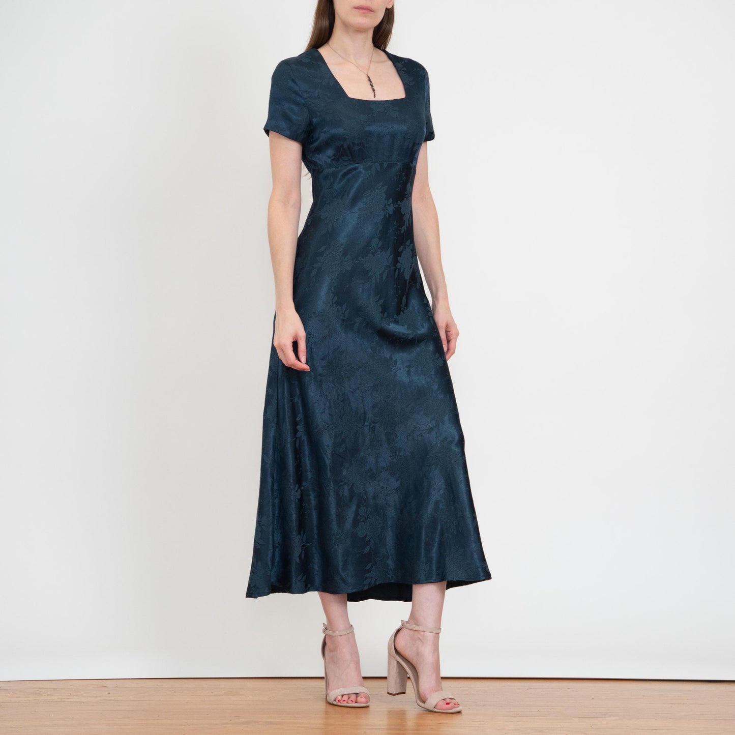 Vintage 90s Dark Emerald Green Floral Jacquard Maxi Dress - XS to Small | Square Neck Formal Party Dress