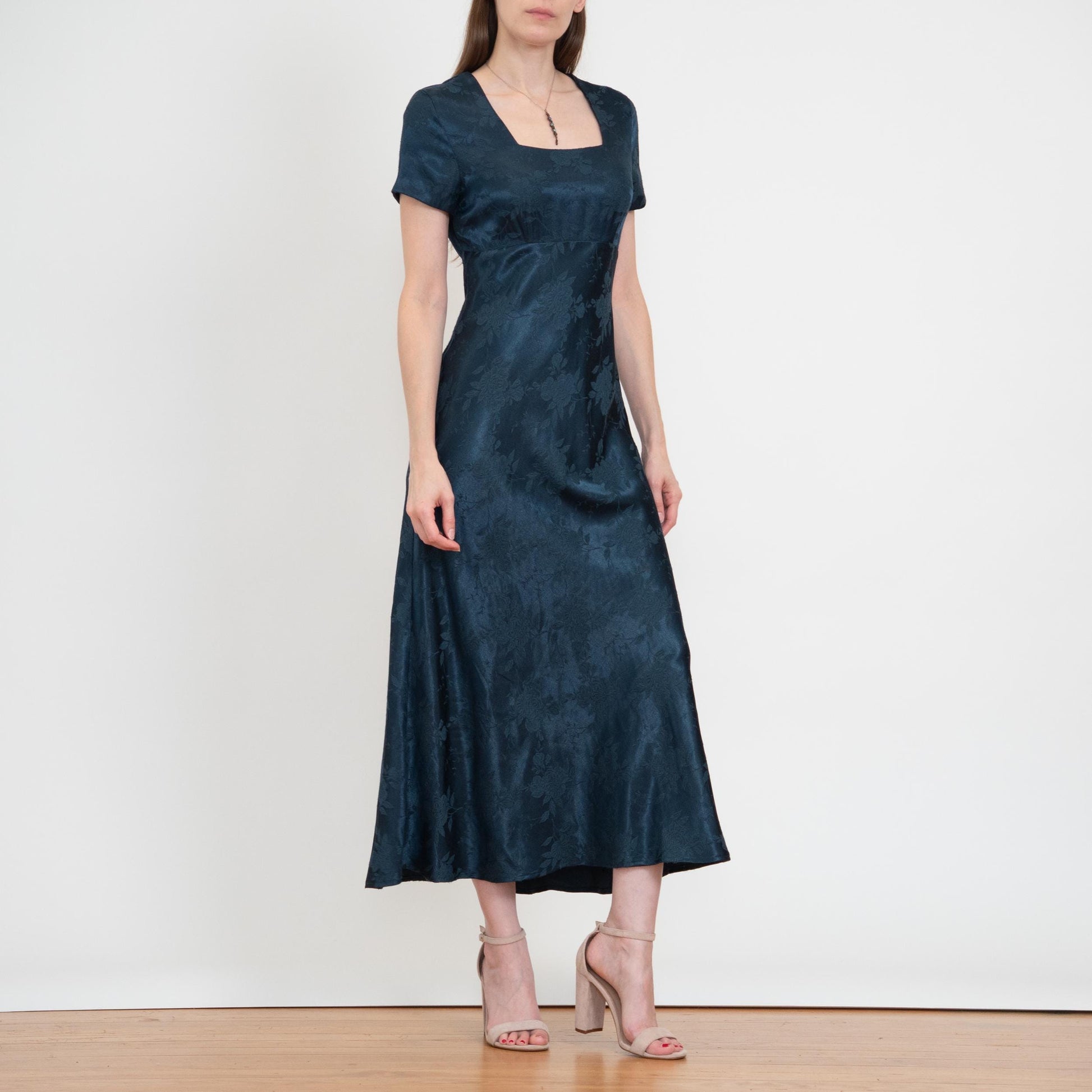 Vintage 90s Dark Emerald Green Floral Jacquard Maxi Dress - XS to Small | Square Neck Formal Party Dress