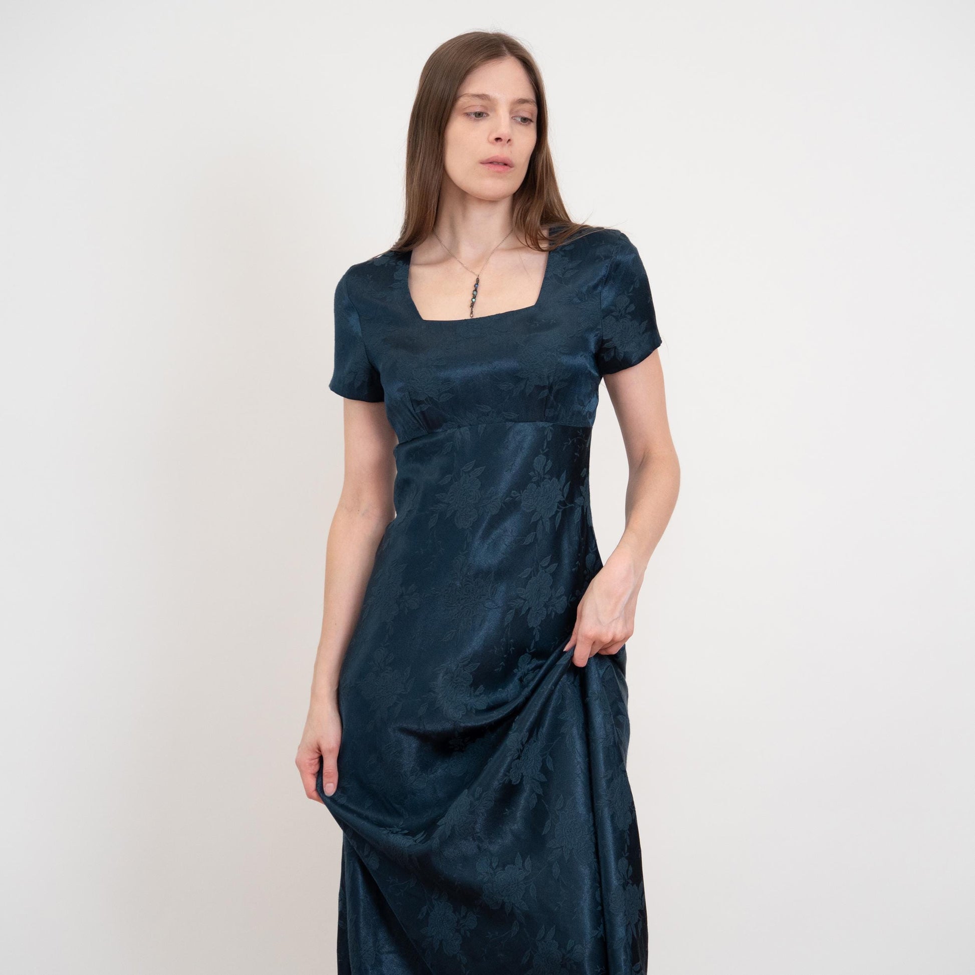 Vintage 90s Dark Emerald Green Floral Jacquard Maxi Dress - XS to Small | Square Neck Formal Party Dress