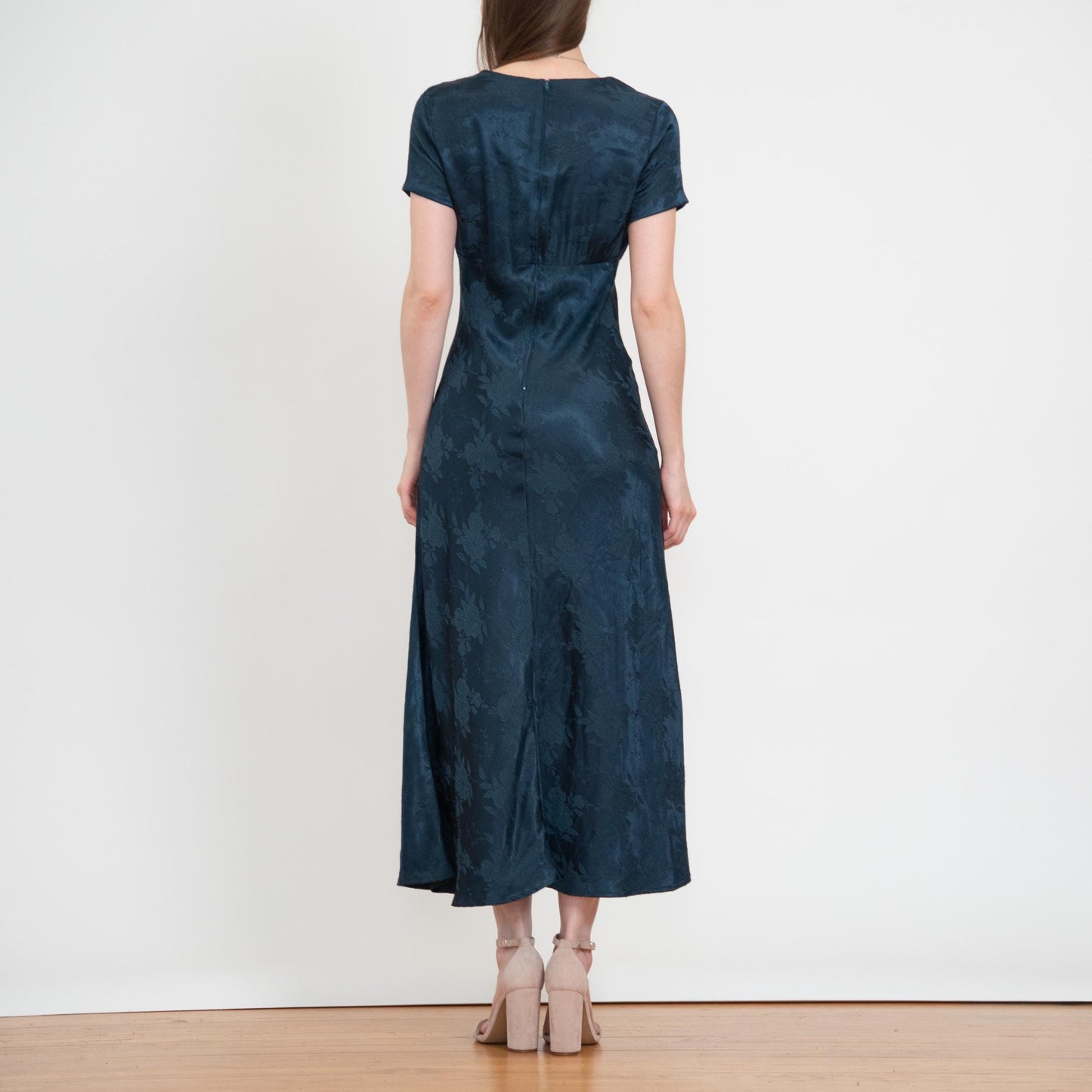 Vintage 90s Dark Emerald Green Floral Jacquard Maxi Dress - XS to Small | Square Neck Formal Party Dress