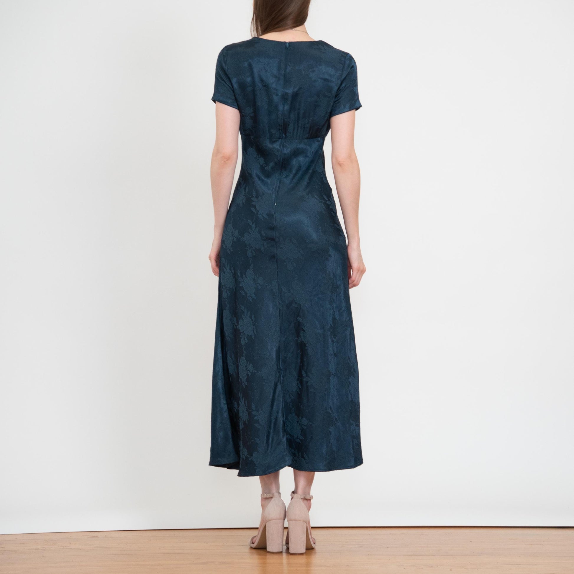 Vintage 90s Dark Emerald Green Floral Jacquard Maxi Dress - XS to Small | Square Neck Formal Party Dress