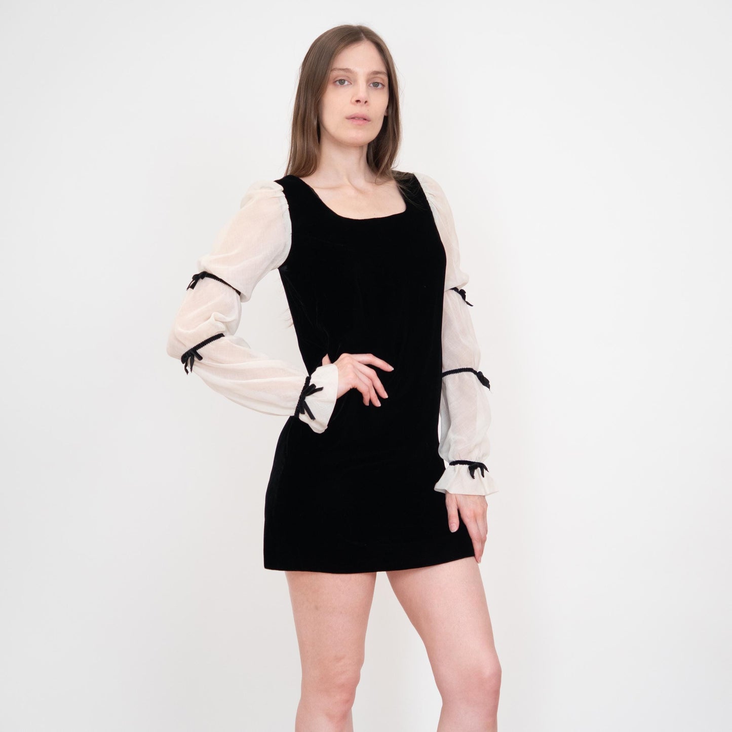 Vintage 70 Black & White Goth Renaissance Mini Dress - Extra Small | Velvet Poet Sleeve Babydoll Minidress