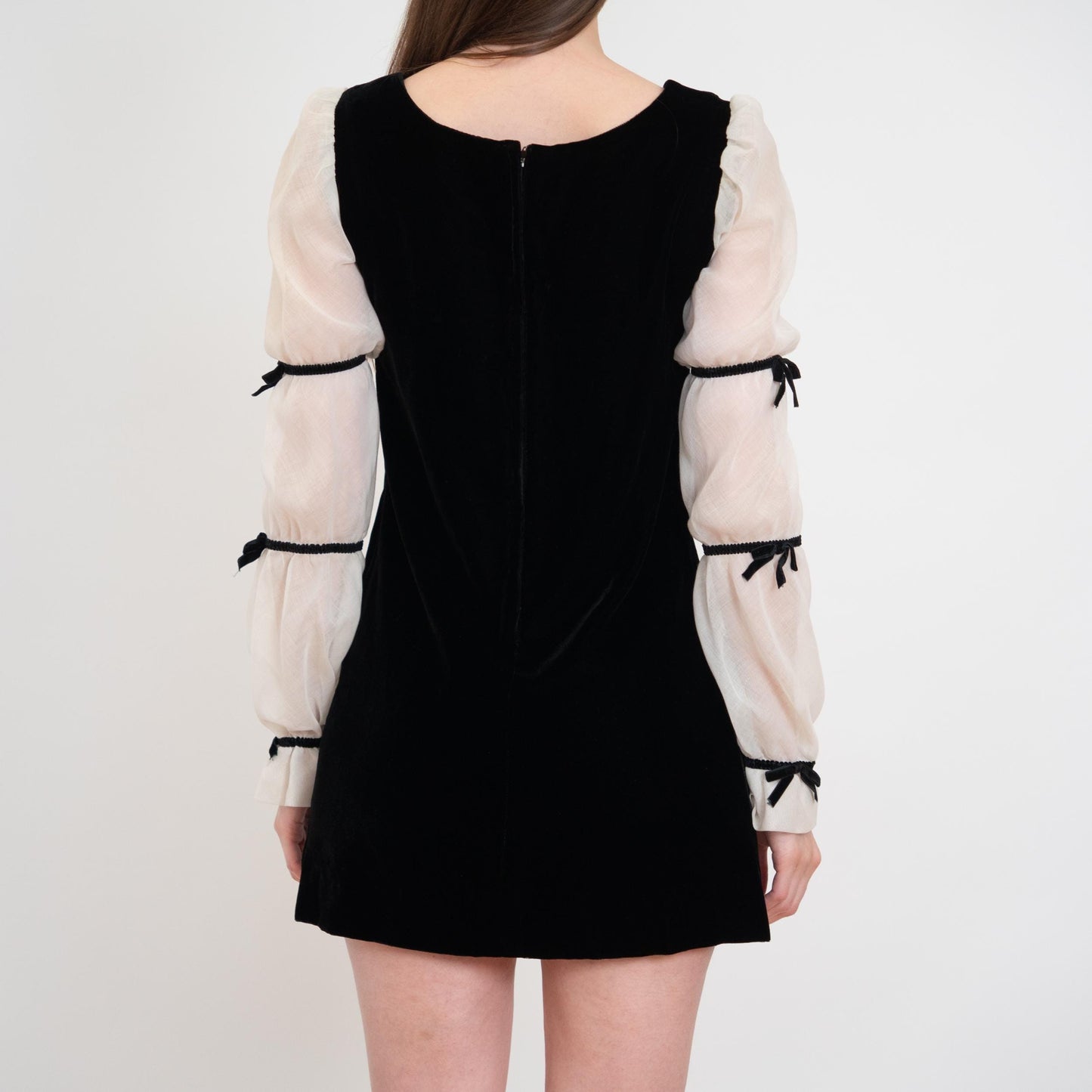 Vintage 70 Black & White Goth Renaissance Mini Dress - Extra Small | Velvet Poet Sleeve Babydoll Minidress