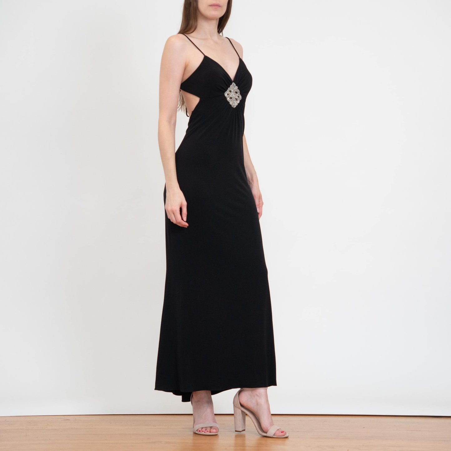 Vintage Y2K Black Rhinestone Trim Backless Maxi Dress - Small | Sexy Formal Party Gown, Wedding Guest Dress