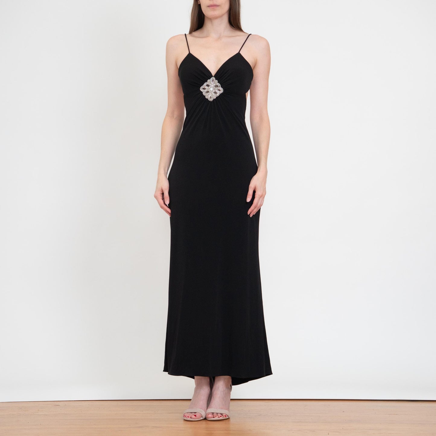 Vintage Y2K Black Rhinestone Trim Backless Maxi Dress - Small | Sexy Formal Party Gown, Wedding Guest Dress